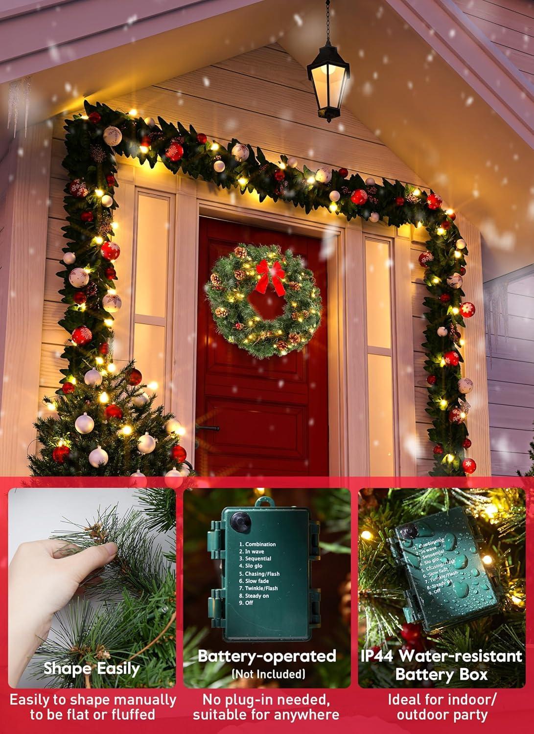 24in Prelit Christmas Wreath Battery Operated 50 Multicolored Lights with Pinecone and Red Berries, Lifelike Snow