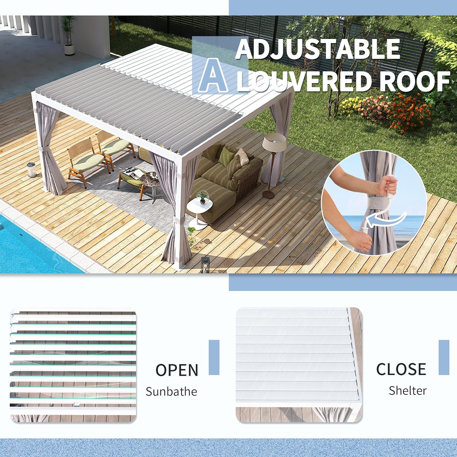 Erommy  Outdoor Louvered Pergola Gazebo with Adjustable Aluminum Rainproof Roof 10'x10' - White
