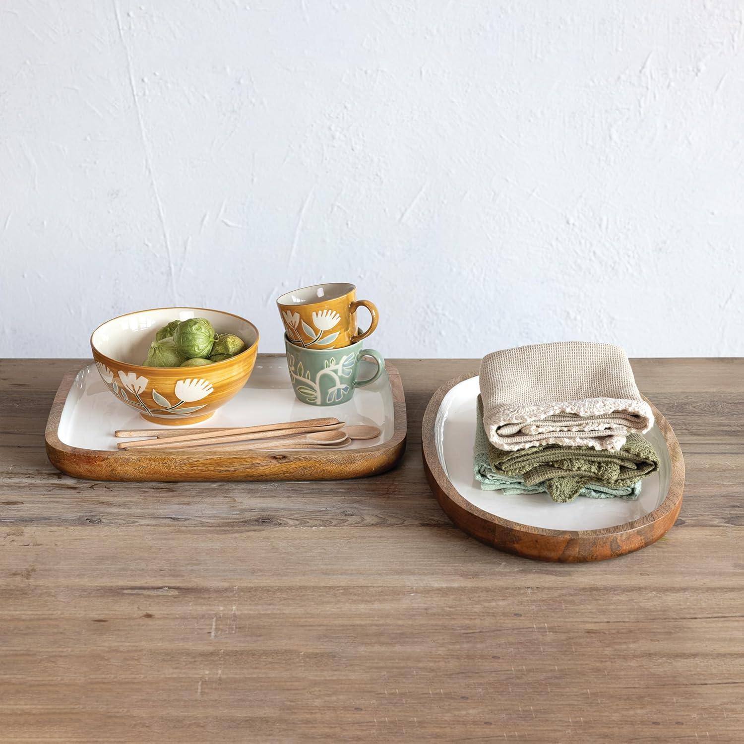 Creative Co-Op Oval Enameled Mango Wood Tray, White and Natural