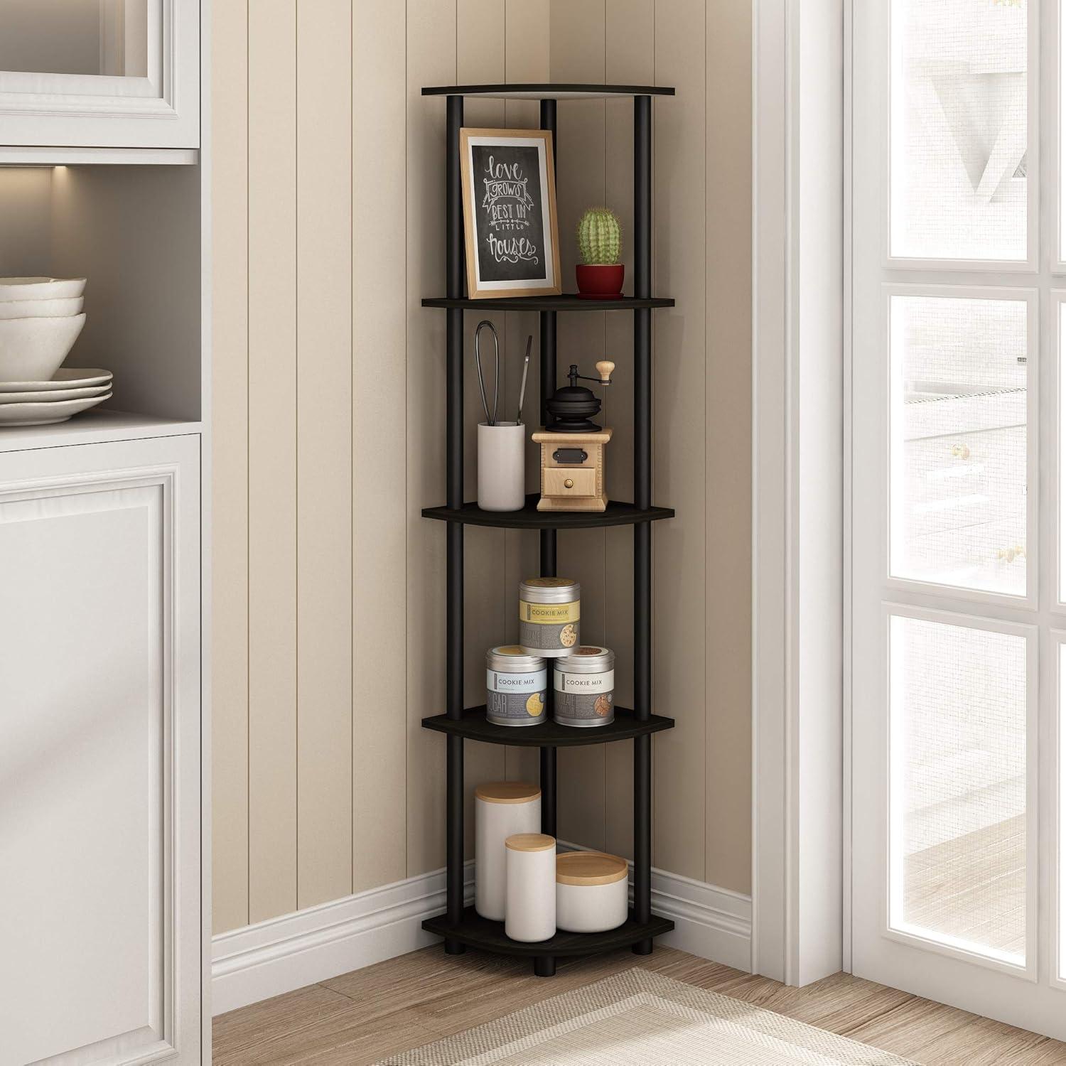 Furinno Turn-N-Tube 5 Tier Corner Display Rack Multipurpose Shelving Unit, Espresso & Black - 57.7 x 11.6 x 11.6 in.