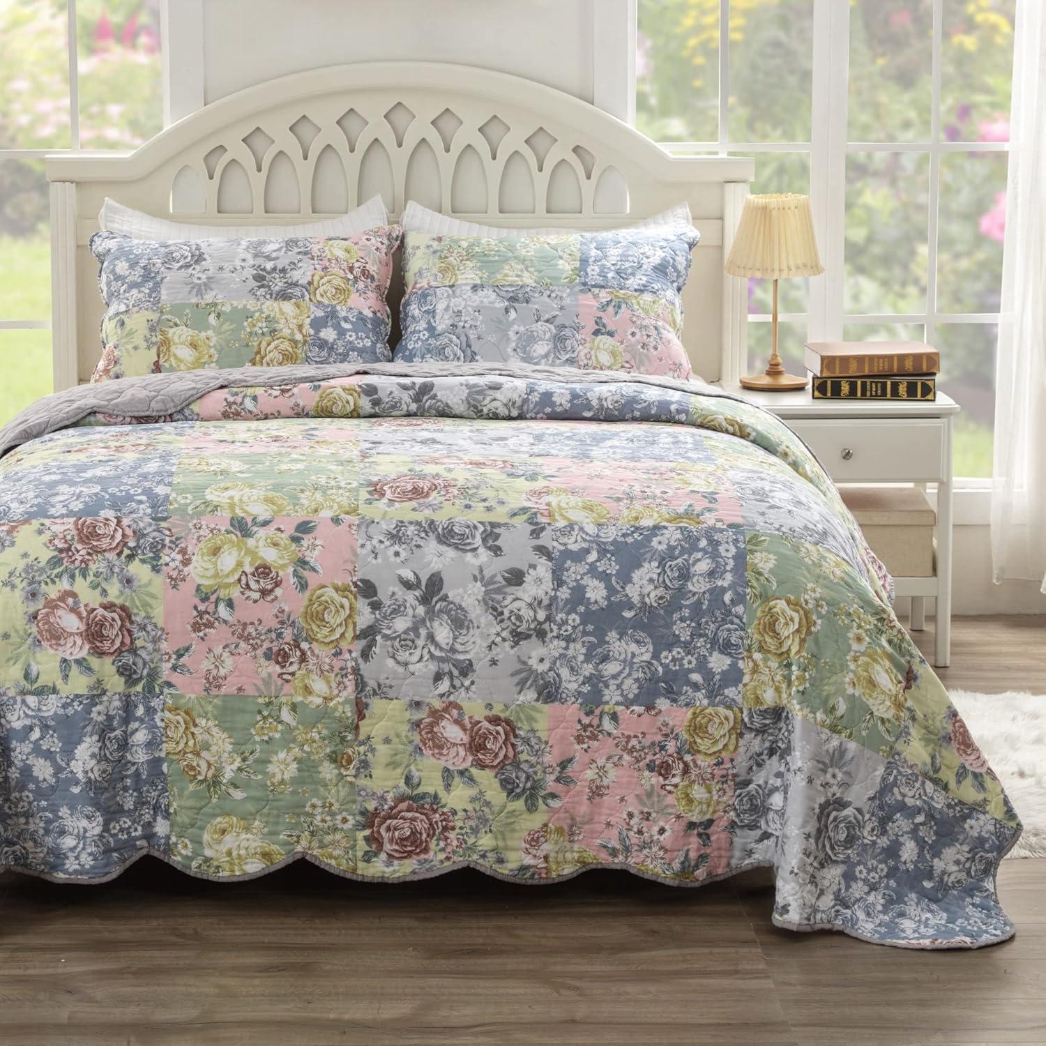 Gray Twin Microfiber Reversible Patchwork Quilt Set