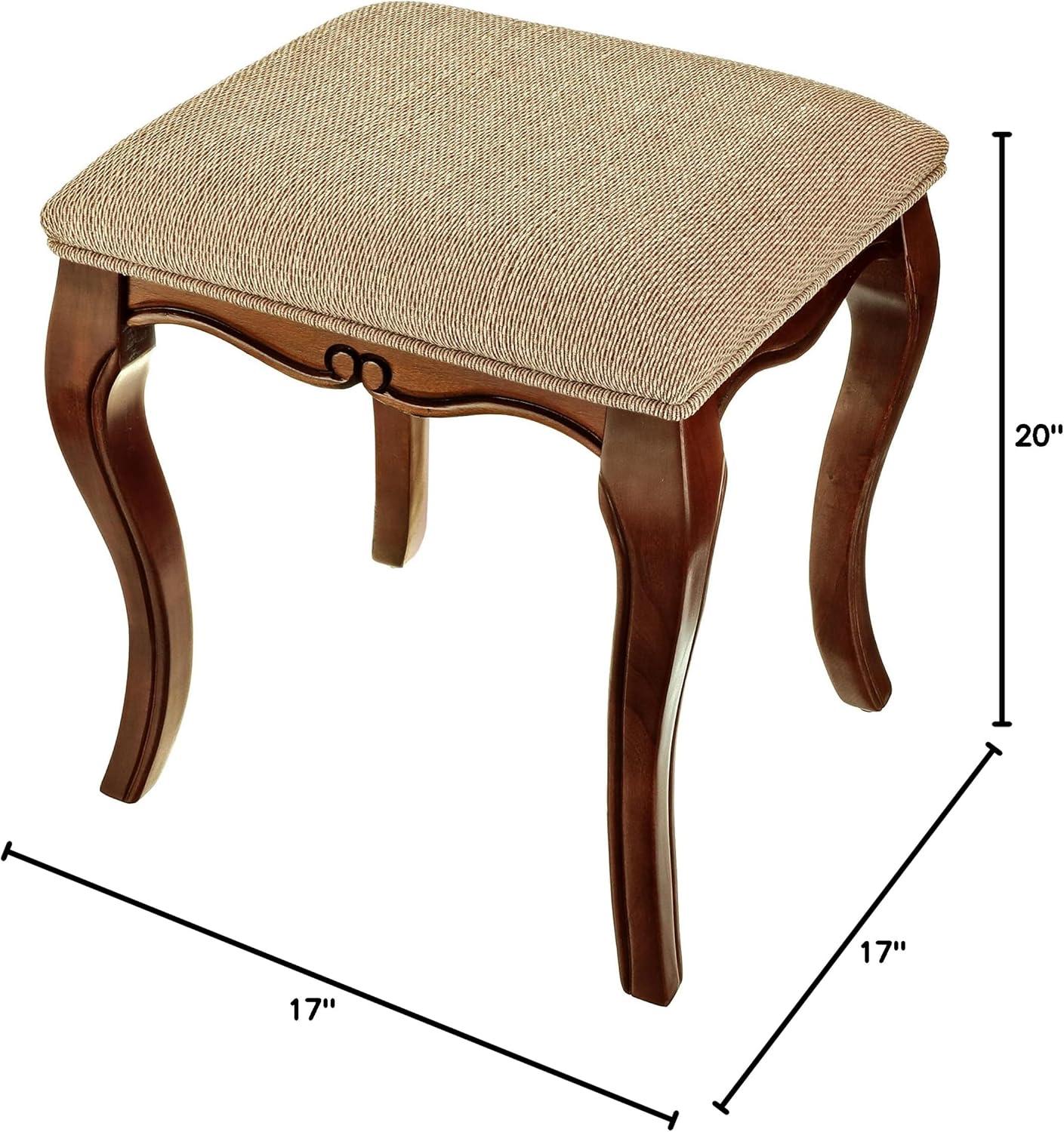 Cherry Finish European-Style Vanity Stool with Upholstered Cushion