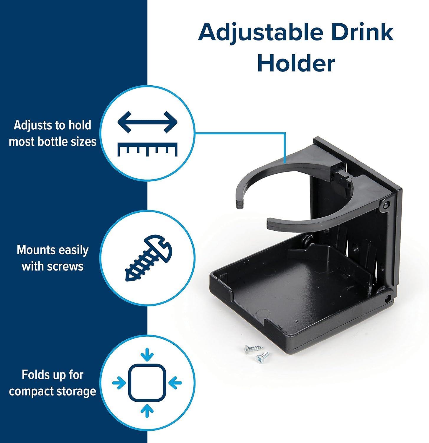 Camco RV/Marine Adjustable Drink Holder | Holds Almost Any Size Mug, Cup, Bottle or Can | Extra Cup Holders for Cars, Trucks, RVs, Vans, Boats, and More | Black (44044)