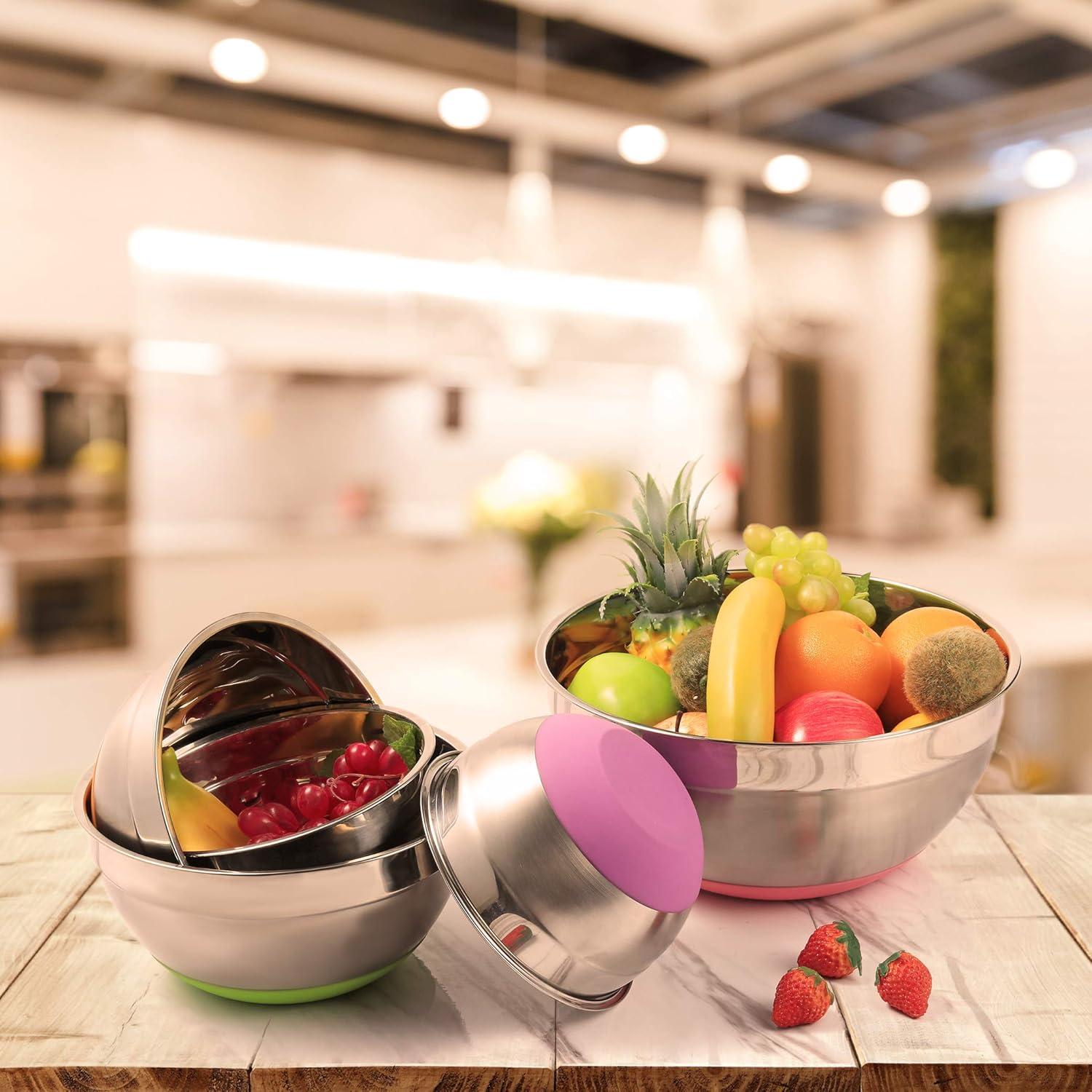 Colorful Stainless Steel Mixing Bowls Set with Non-Slip Silicone Bottoms