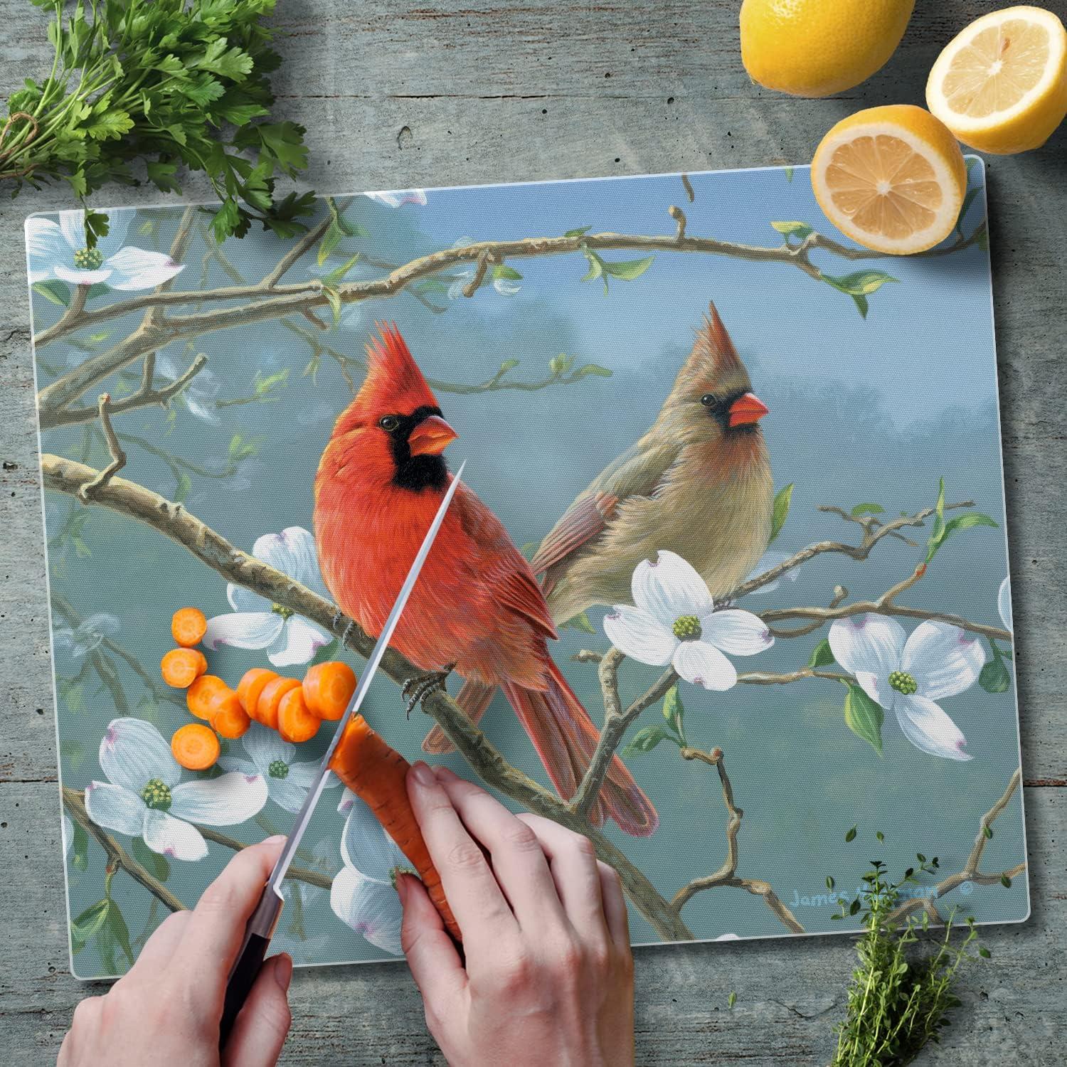 Beautiful Songbirds Tempered Glass Cutting Board with Cardinal Design