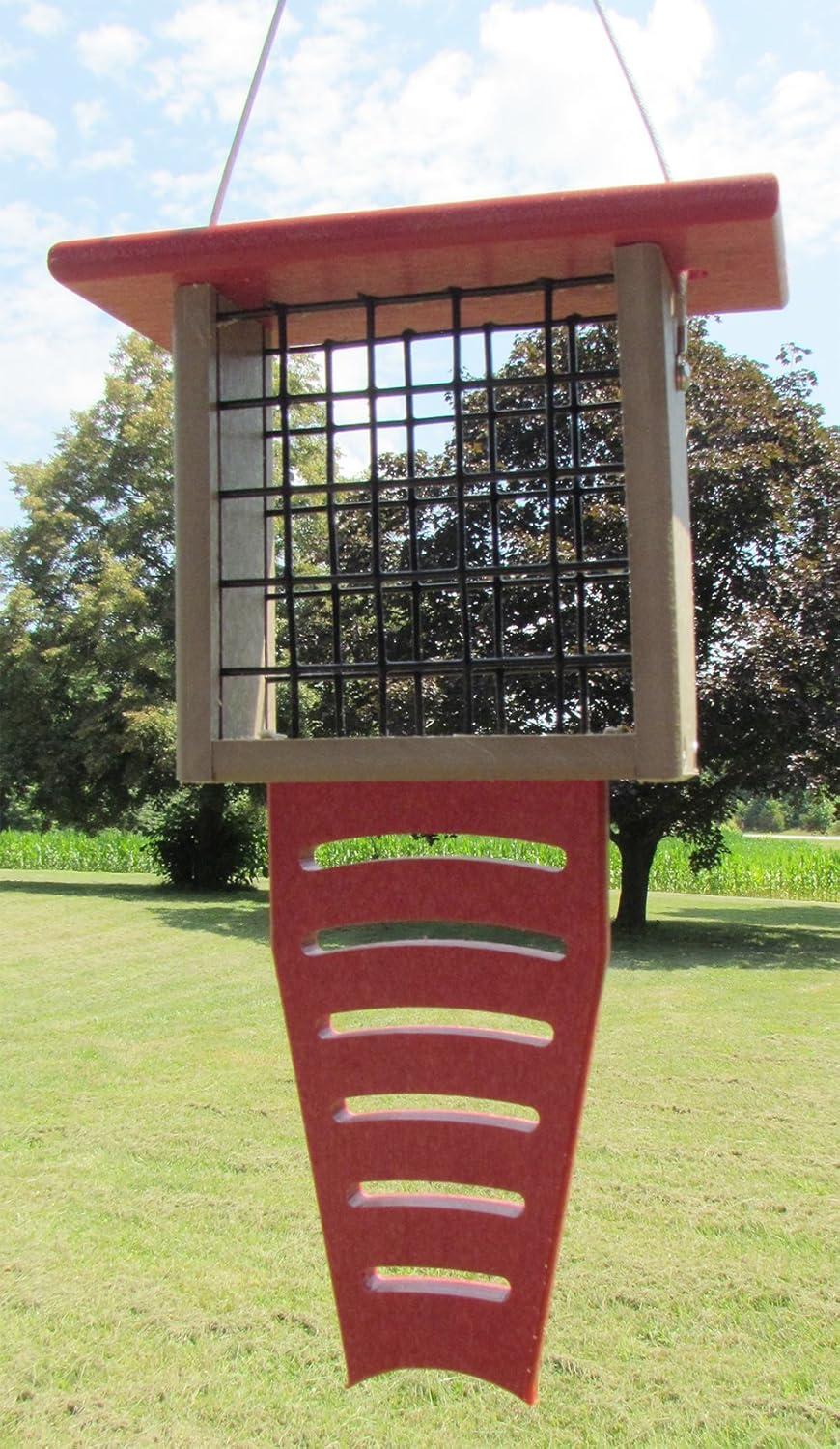 JCs Wildlife Red/Tan Recycled Poly Lumber Single Suet Feeder Tail Prop Bird Feeder - Holds 1 Suet Cake - Long Lasting Suet Cage Feeder
