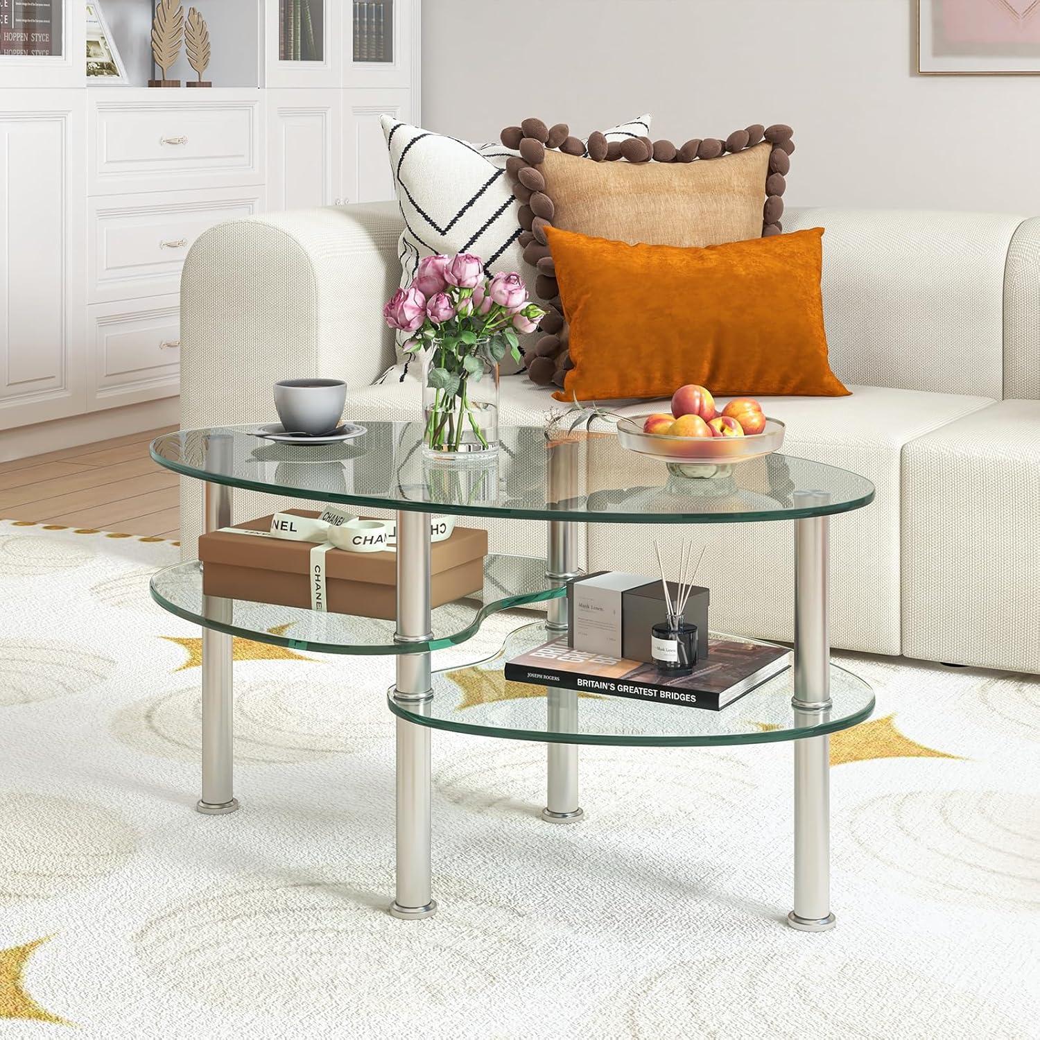 Costway Tempered Glass Oval Side Coffee Table Shelf Chrome Base Living Room Black