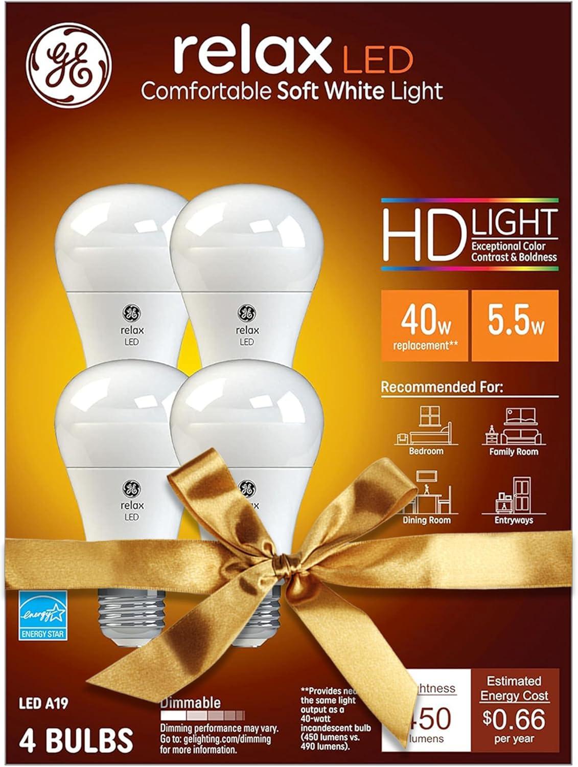 GE 4pk 40W Relax A19 LED Light Bulbs Soft White: 40W Equivalent, Dimmable, Energy Star Certified, 450 Lumens, E26 Base