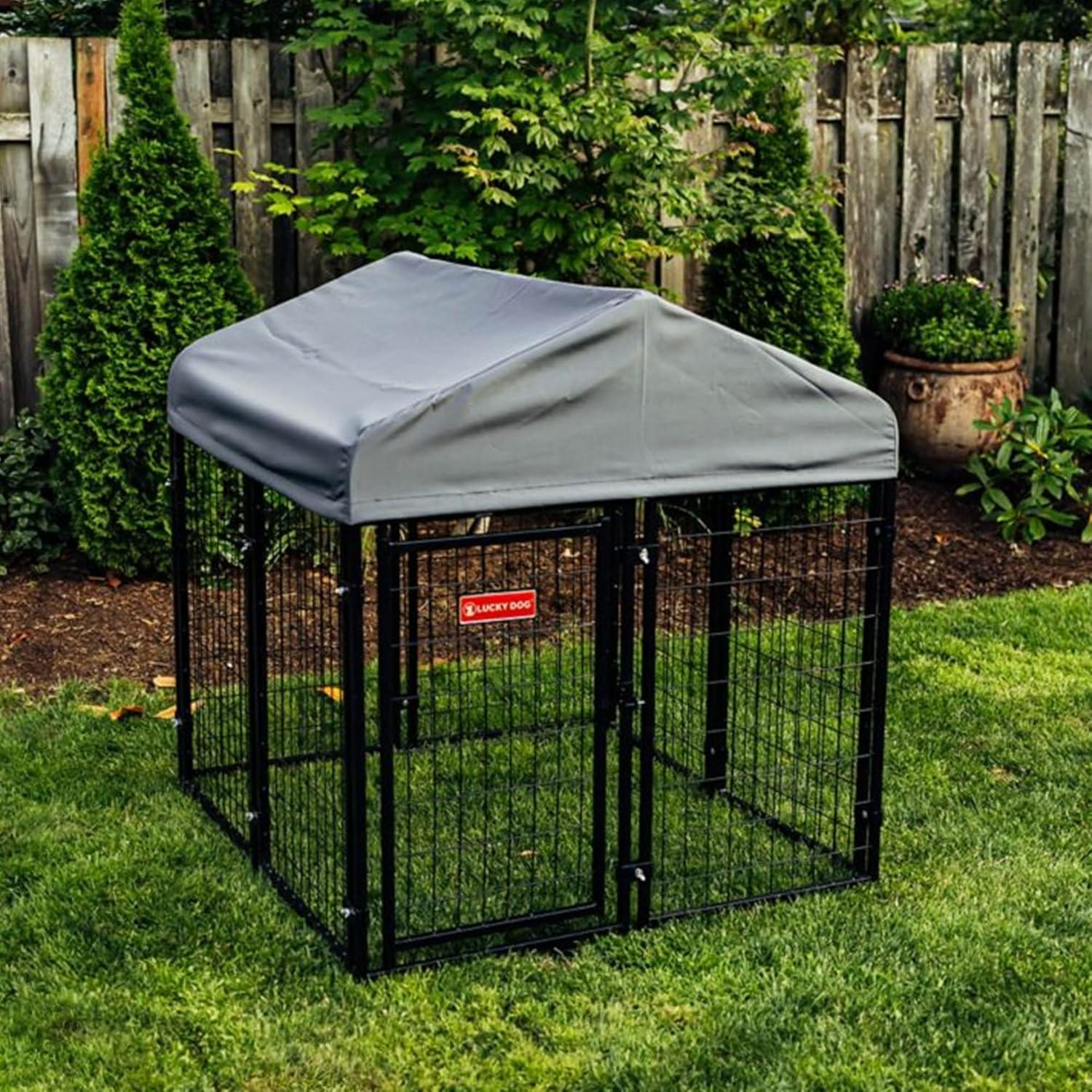 Lucky Dog STAY Series Black Powder Coat Steel Frame Villa Dog Kennel with Waterproof Canopy Roof and Single Gate Door