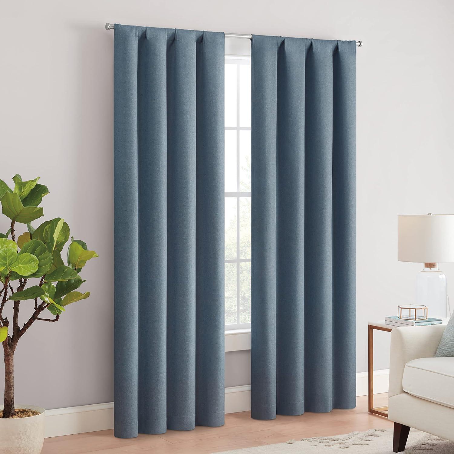 Denim Blue Polyester Blackout Rod Pocket Curtain Panel