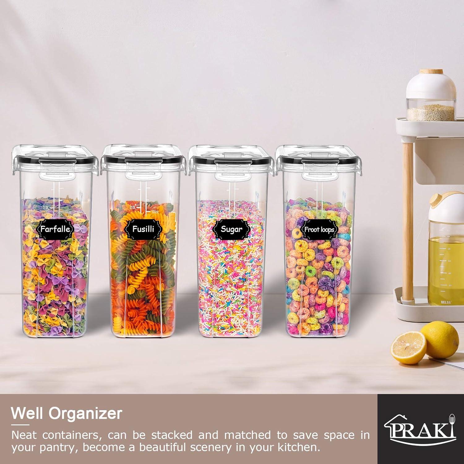 PRAKI 5PCS Cereal Containers Storage Set, BPA Free Airtight Food Storage Container Set with Lids, Kitchen Pantry Organization and Storage for Sugar, Baking Supplies with 20 Labels & Mark(4L Black)