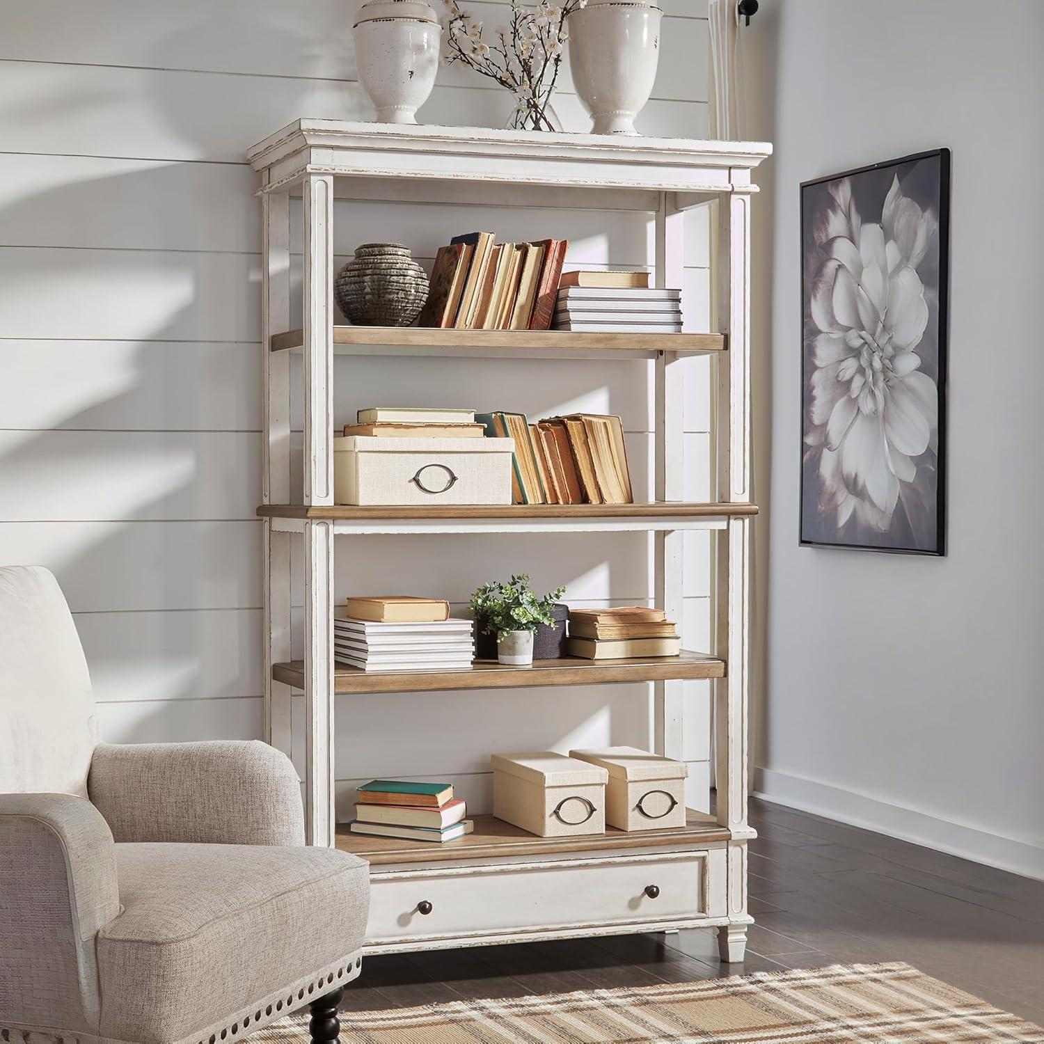 75" Realyn Bookshelf - Signature Design by Ashley: Cottage Style, Antiqued Two-Tone Finish, Open Shelves