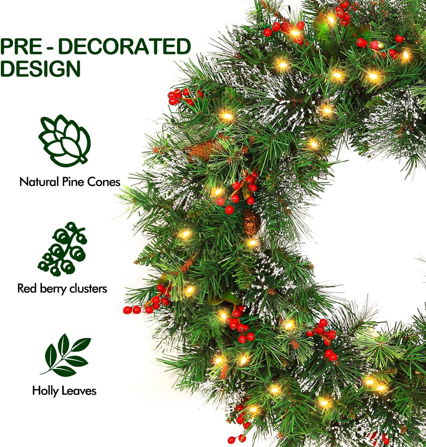 💐 Wreath door hanger 24" Pre-Lit Artificial Christmas Wreaths for Front Door Decorated with Pine Cones, Red Berries, Frosted Branches, 50 LED Lights for Indoor Outdoor Christmas Decorations