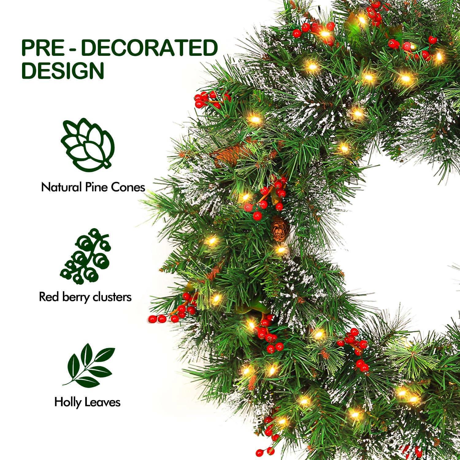 💐 Wreath door hanger 24" Pre-Lit Artificial Christmas Wreaths for Front Door Decorated with Pine Cones, Red Berries, Frosted Branches, 50 LED Lights for Indoor Outdoor Christmas Decorations