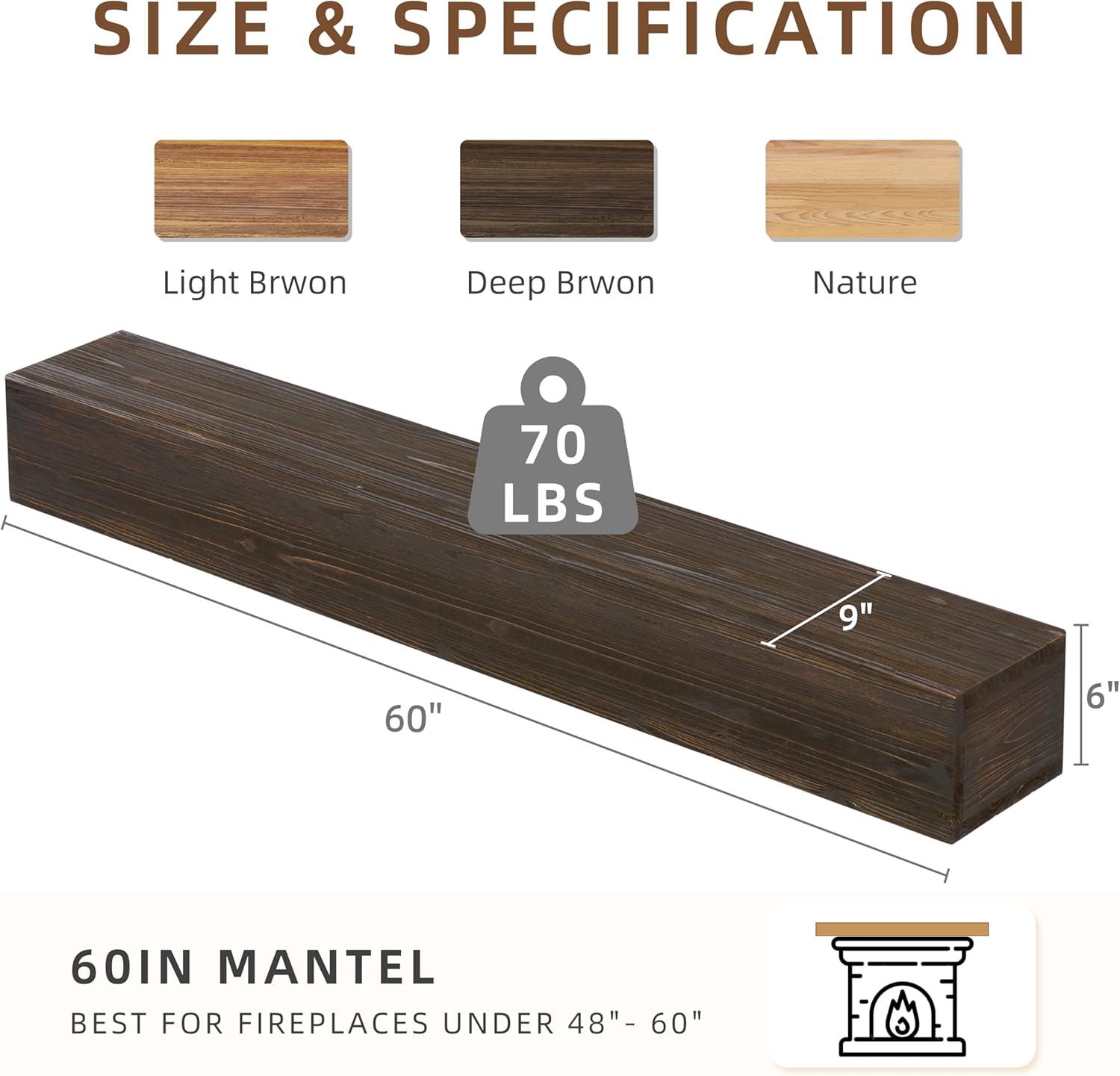 60" Rustic Wood Fireplace Mantel | Wall-Mounted & Floating Shelf for Home Decor