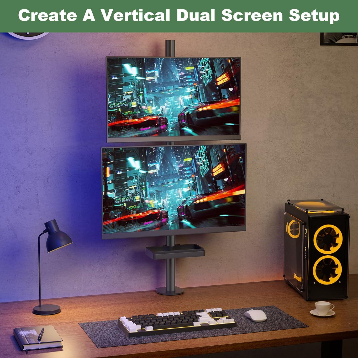 Dual Vertical Monitor Mount with Storage Tray and Adjustable Arms