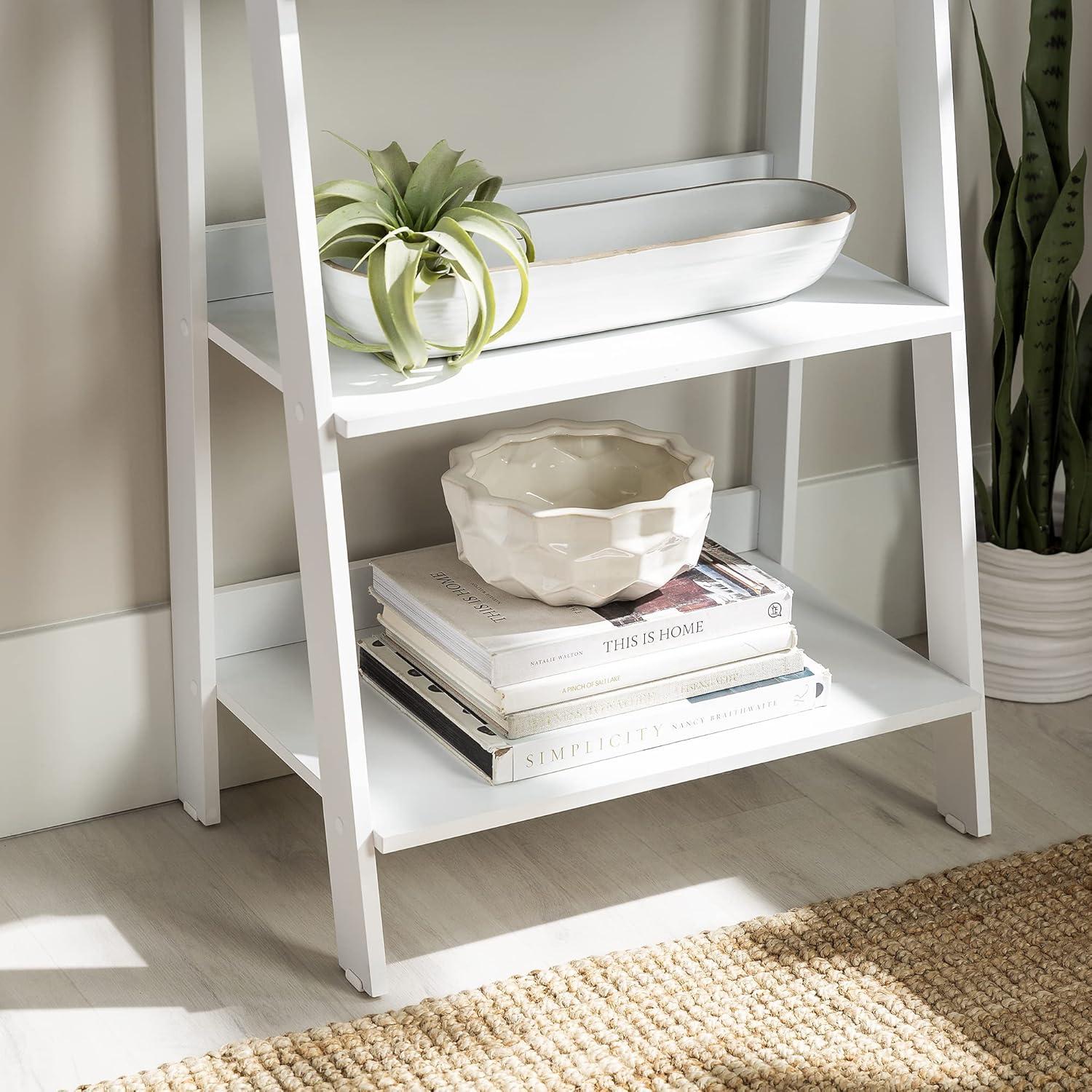 Walker Edison 4 Shelf Transitional Wood Ladder Bookcase in White