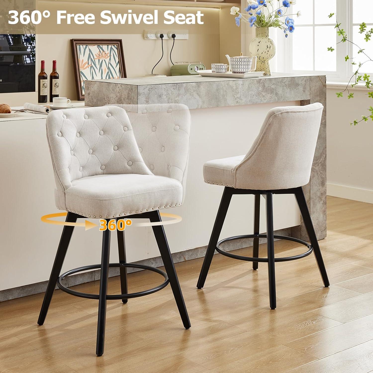 Counter Bar Stools Set of 2, Modern Swivel Bar Stools with Back and Wood Legs, 26" H Upholstered Bar Chair for Kitchen Island Home Bar, Linen Beige
