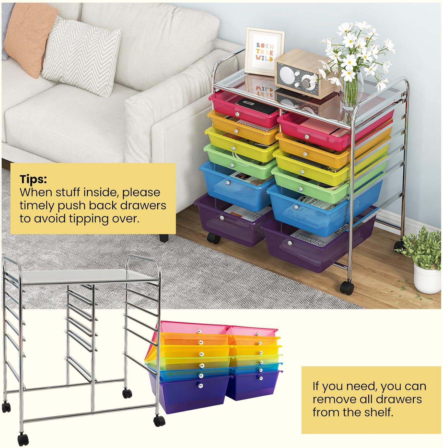 Topbuy 12-Drawers Rolling Storage Cart with Organizer Top Multi Color