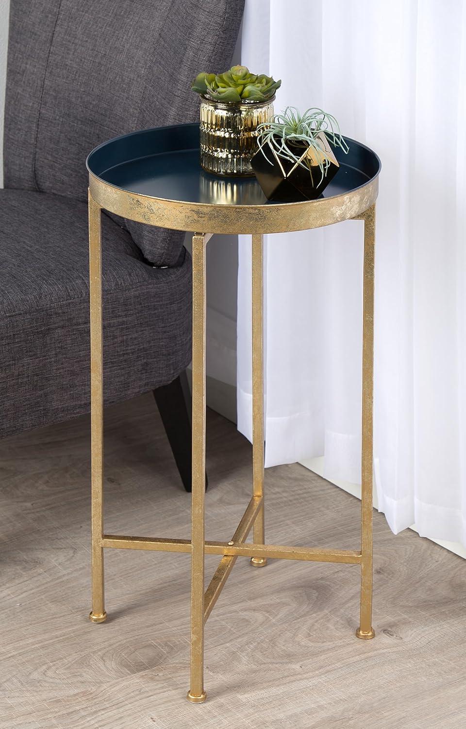 Kate and Laurel Celia Round Metal Tea Table, 14x14x25.75, Gold and Navy Blue
