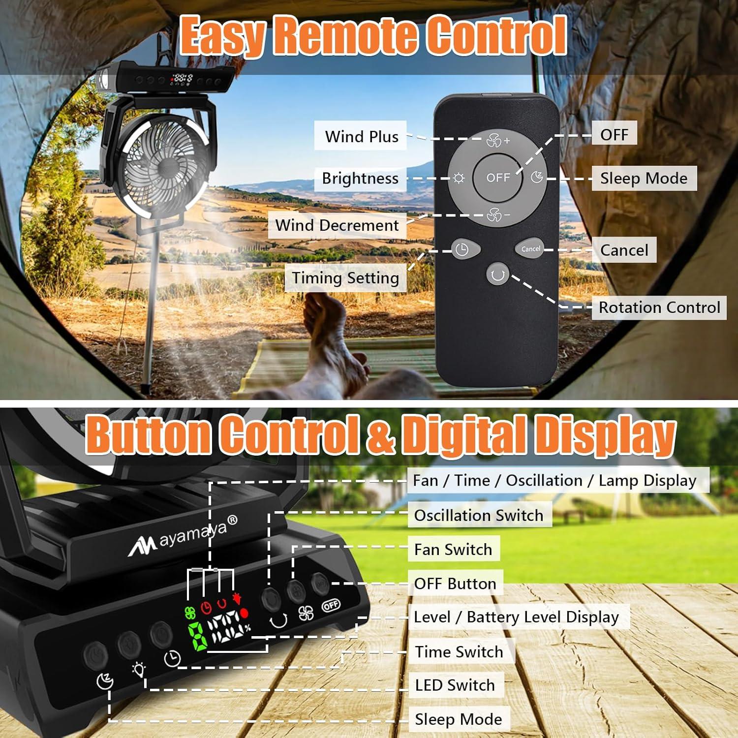 ayamaya Camping Fan, 20000mAh Rechargeable Tent Fan with Light, Remote, 9 Speeds Battery Powered Fans with Digital Display, Timer, Auto Oscillation & Hook for Camping, Outdoors