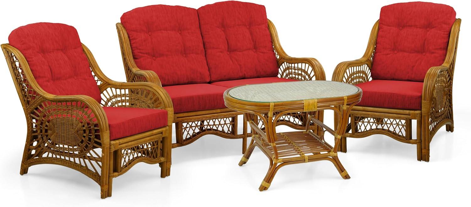 Bay Isle Home™ Malibu Lounge Set Of 4: 2 Natural Rattan Wicker Chairs, Loveseat And Coffee Table W/Glass Handmade, Natural Color