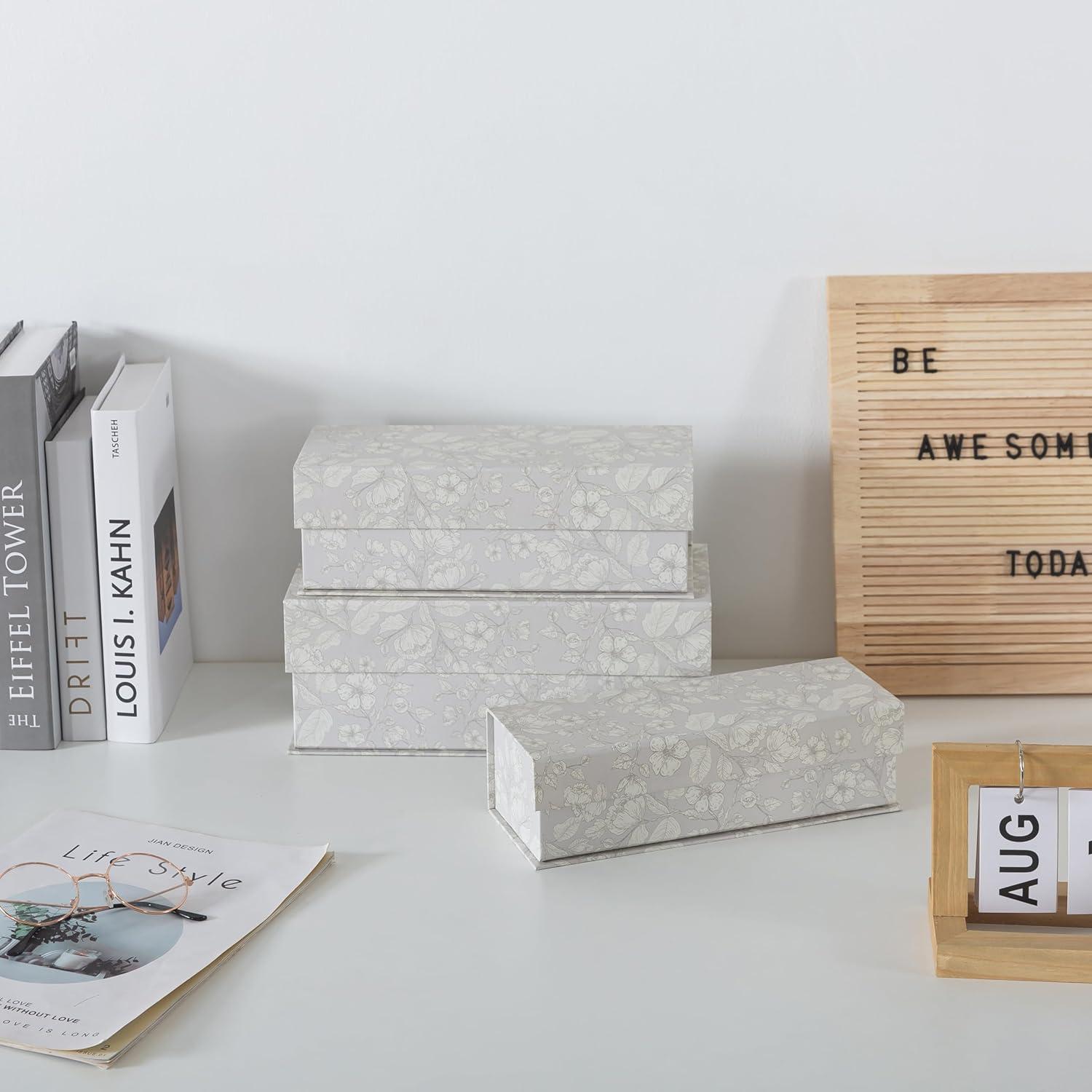 Soul & Lane Decorative Storage Boxes with Lids, Set of 3 Memory Keepsake Boxes with Magnetic Closure, Cardboard Storage for Photos, Documents, Gifts, Home Decor, Subtle Bloom