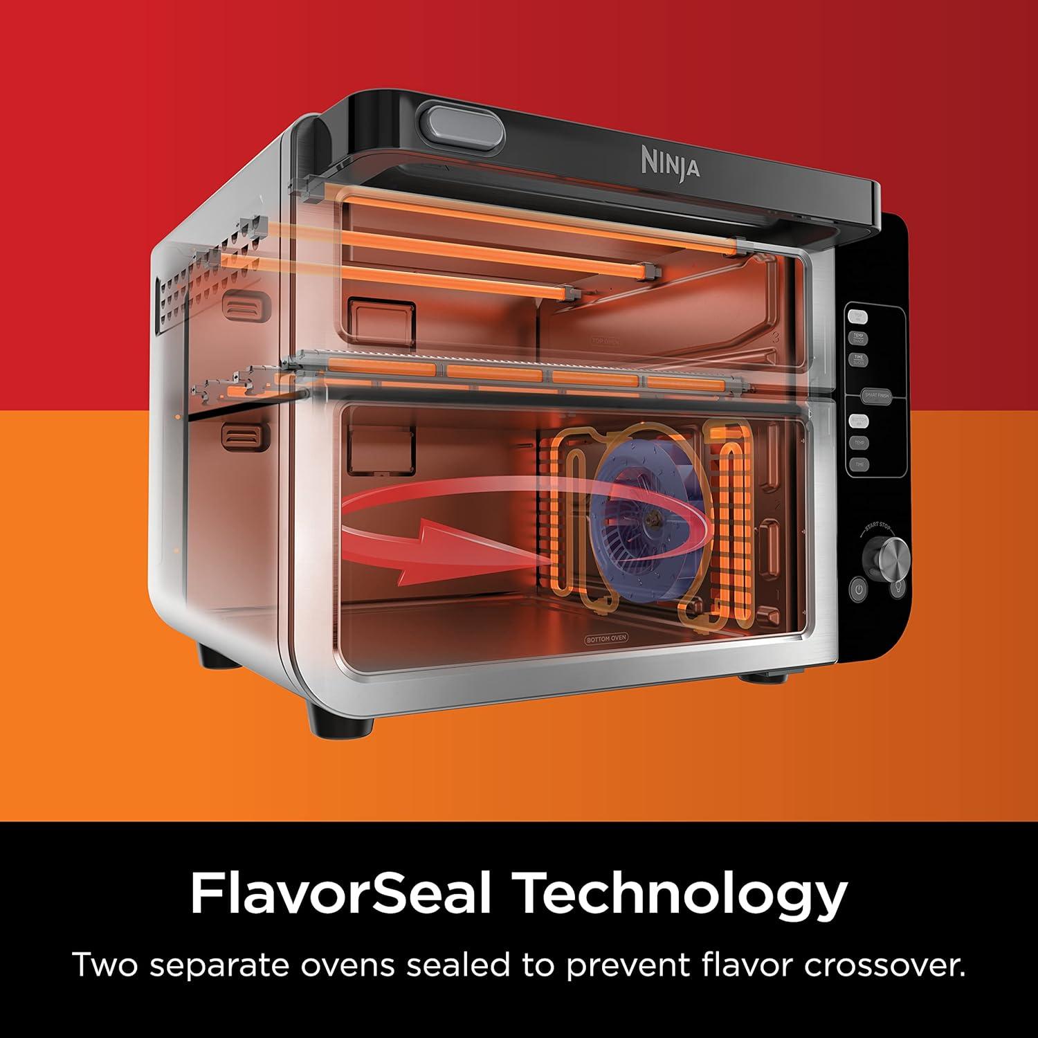 Ninja® 12-in-1 Double Oven with FlexDoor, FlavorSeal & Smart Finish, Rapid Top Convection and Air Fry Bottom , Bake, Roast, Toast, Air Fry, Pizza and More