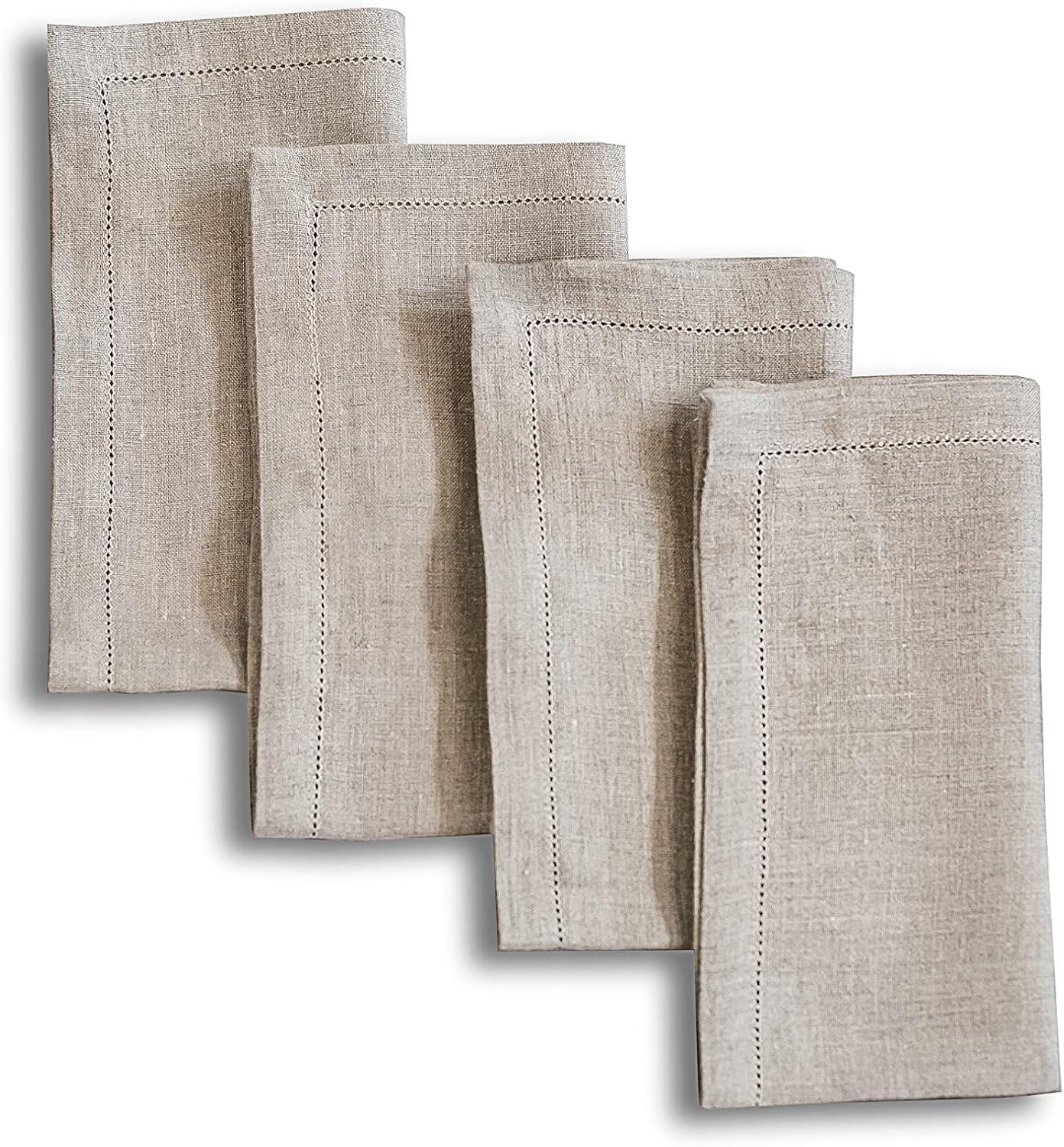 DMoksha Homes 100% Pure Linen Hemstitch 20 x 20 inch, Set of 4, Dinner Napkins - Natural Natural Fabric European Flax, Cloth Napkin, Machine Washable, Handmade with Mitered Corners, Great Gift Choice