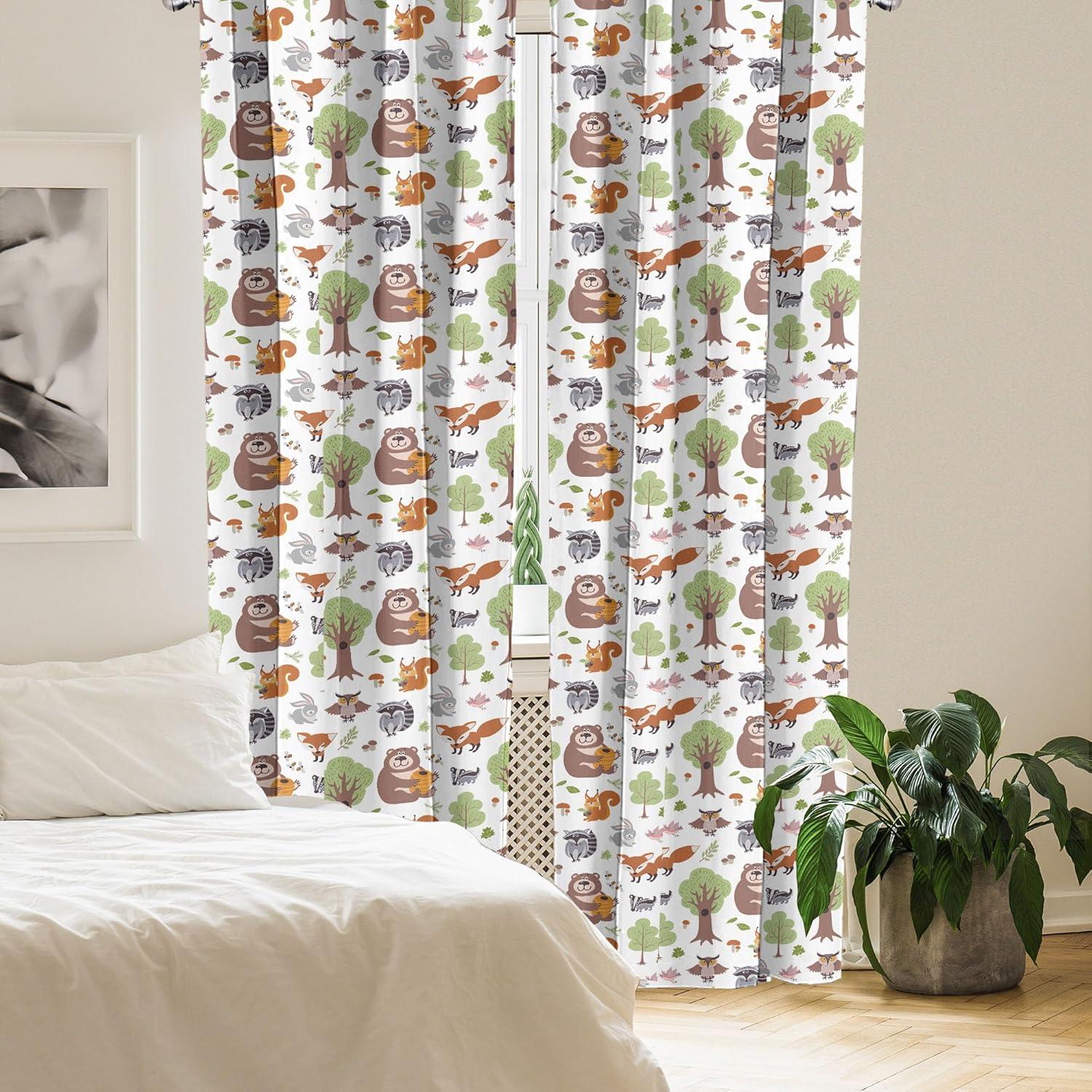 Ambesonne Forest Curtains, Doodle Woodland Animals, Pair of 28"x95", Multicolor