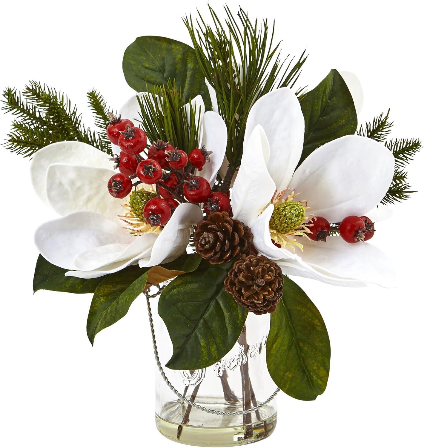 Winter Magnolia, Pine, and Berry Arrangement in Glass Vase