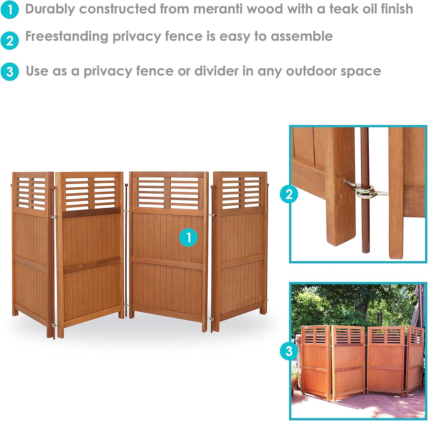 Sunnydaze Outdoor Patio or Porch Meranti Wood with Teak Oil Finish Folding Privacy Screen Fence - 44"