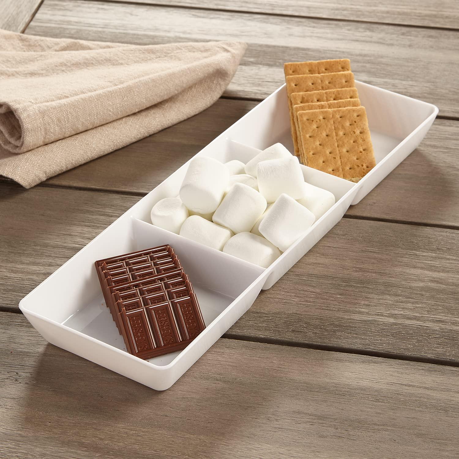 US Acrylic Avant White Plastic Divided Serving Trays (Set of 4) 15” x 5” | Narrow Reusable 3-Section Party Platters | Serve Appetizers, Fruit, Veggies, & Desserts | BPA-Free & Made in USA