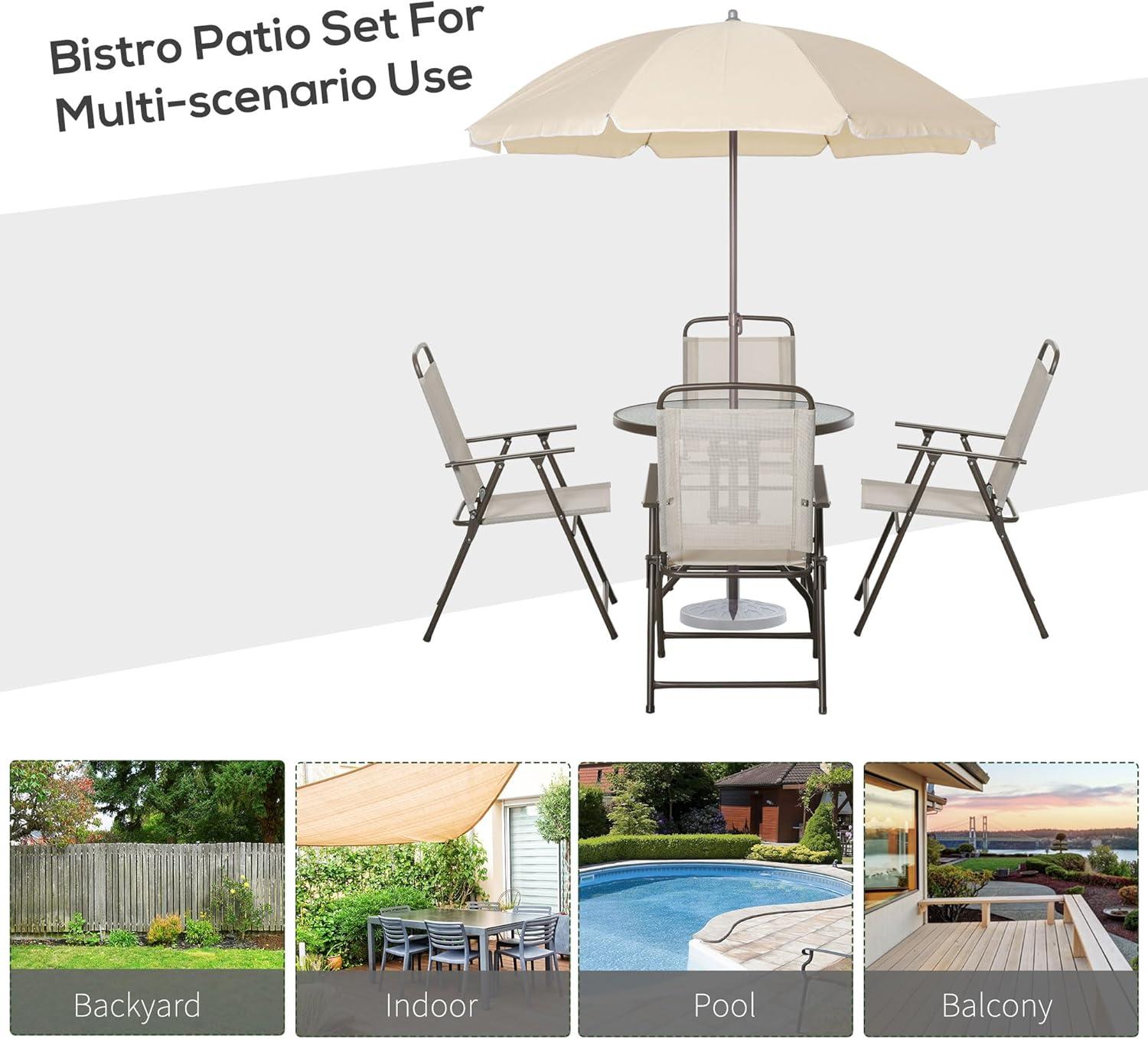 Outsunny 6 Piece Patio Dining Set for 4 with Umbrella, 4 Folding Dining Chairs & Round Glass Table for Garden, Backyard, and Poolside