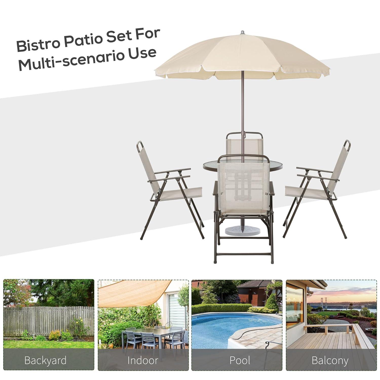 Outsunny 6 Piece Patio Dining Set for 4 with Umbrella, 4 Folding Dining Chairs & Round Glass Table for Garden, Backyard, and Poolside, Beige