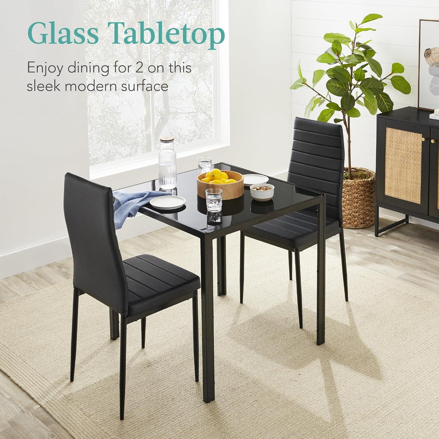 Best Choice Products 3-Piece Kitchen Dining Table Set w/ Glass Tabletop, 2 PU Leather Chairs