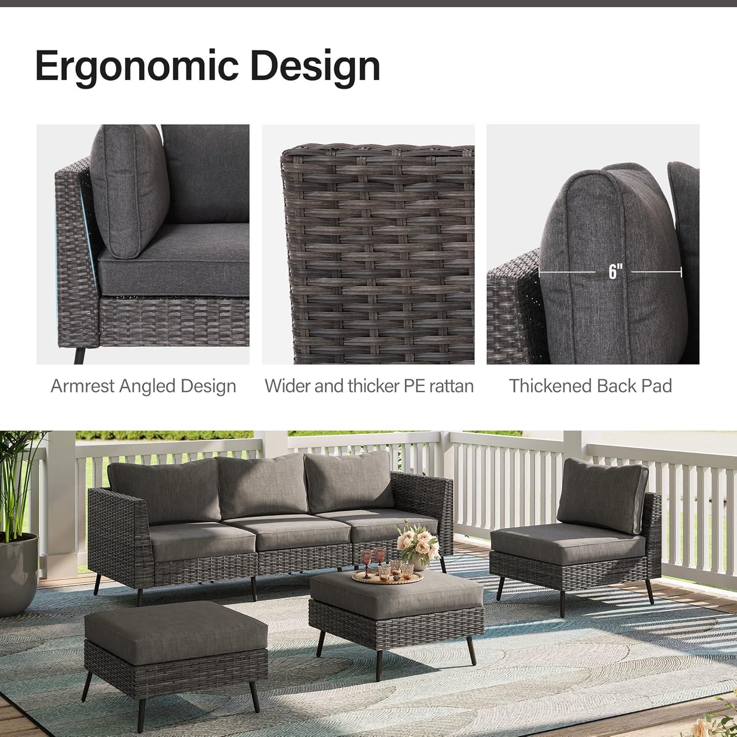 LAUSAINT HOME 6-Piece Patio Furniture Set, Outdoor Sectionals with 4 Chairs, 2 Ottomans and Plush Gray Cushions