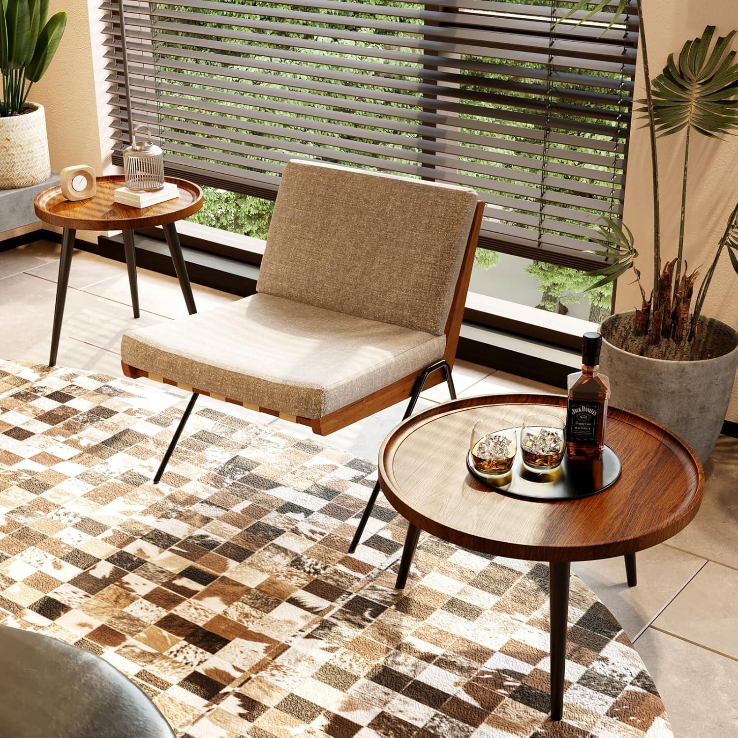 2-Piece Modern Round Coffee Table Set for Living Room,Easy Assembly Nesting Coffee Tables,Walnut Color Circle End Side Tables for Bedroom Office Balcony Yard