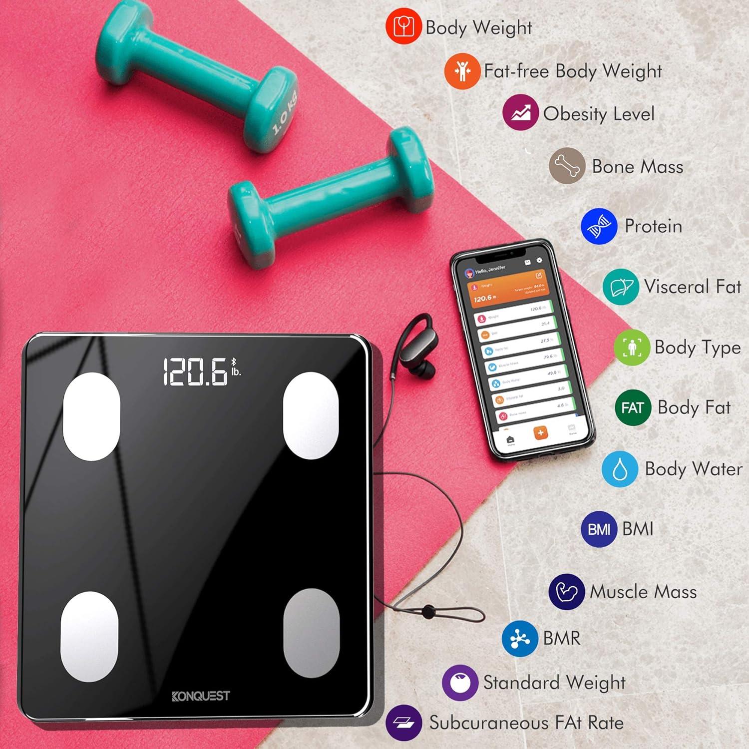 KONQUEST Smart Scale for Body Weight, Digital Bathroom Scale BMI Weighing Bluetooth Body Fat Scale, Body Composition Monitor Health Analyzer with Smartphone App, 400 lbs - Black