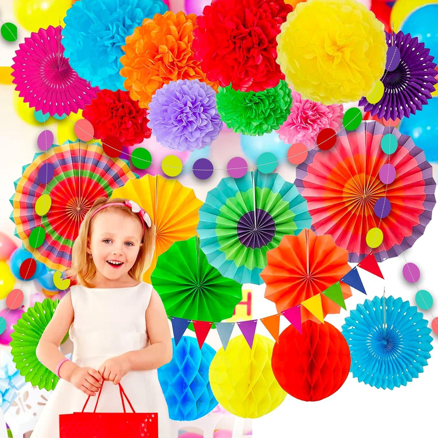 Fiesta Paper Fan Party Decorations Set, 24pcs Colorful Paper Fans, Hollow Paper Fans, Tissue Paper Pom Poms, Honeycomb Balls, Dot Garland for Fiesta Party, Birthday Wedding or Mexican Party