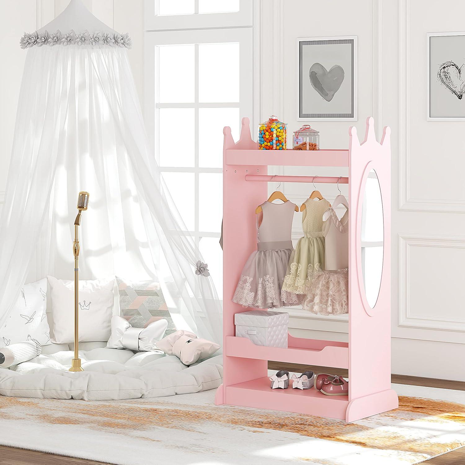 Kids Pink Costume Organizer with Mirror - Open Hanging Armoire Rack for Dress-Up Play and Storage