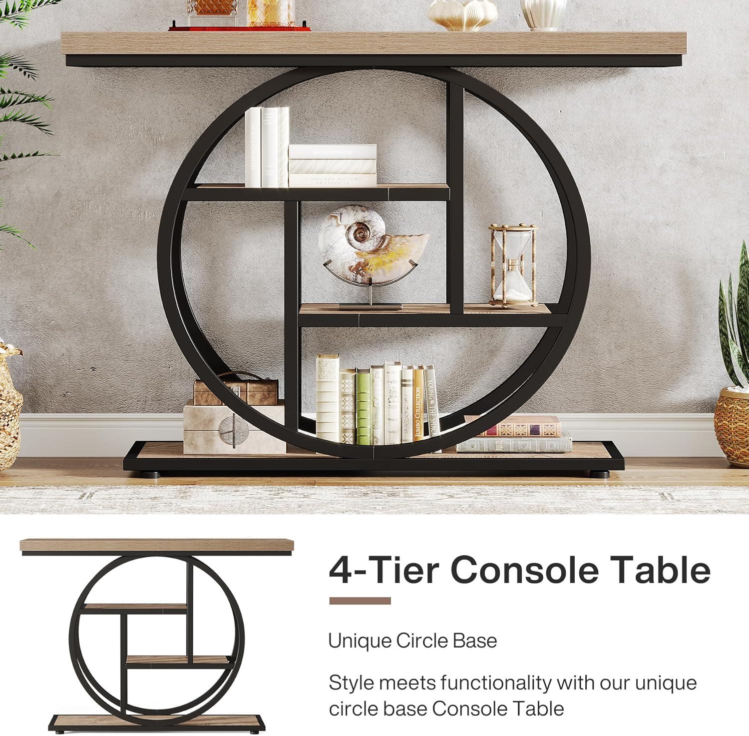 Tribesigns Industrial 4-Tier Sofa Table with Circle Base, 41.3" Console Table Narrow Wood Accent Tables with Storage Shelves for Living Room, Hallway, Foyer, Rustic Brown