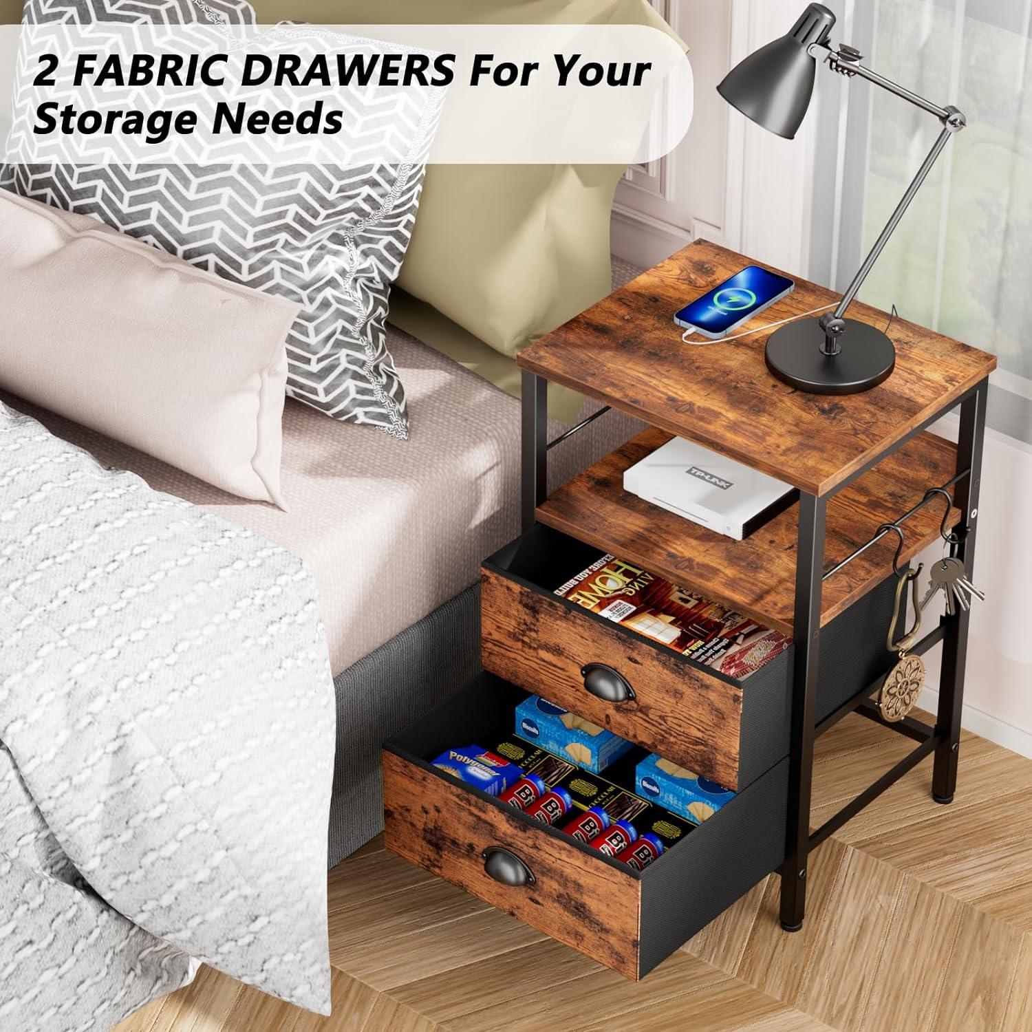 Furologee Nightstand with Charging Station, Side Table with USB Ports & Outlets, Night Stand with Storage Shelf & Hooks, End Table with Fabric Drawers for Bedroom, Living Room, Rustic Brown