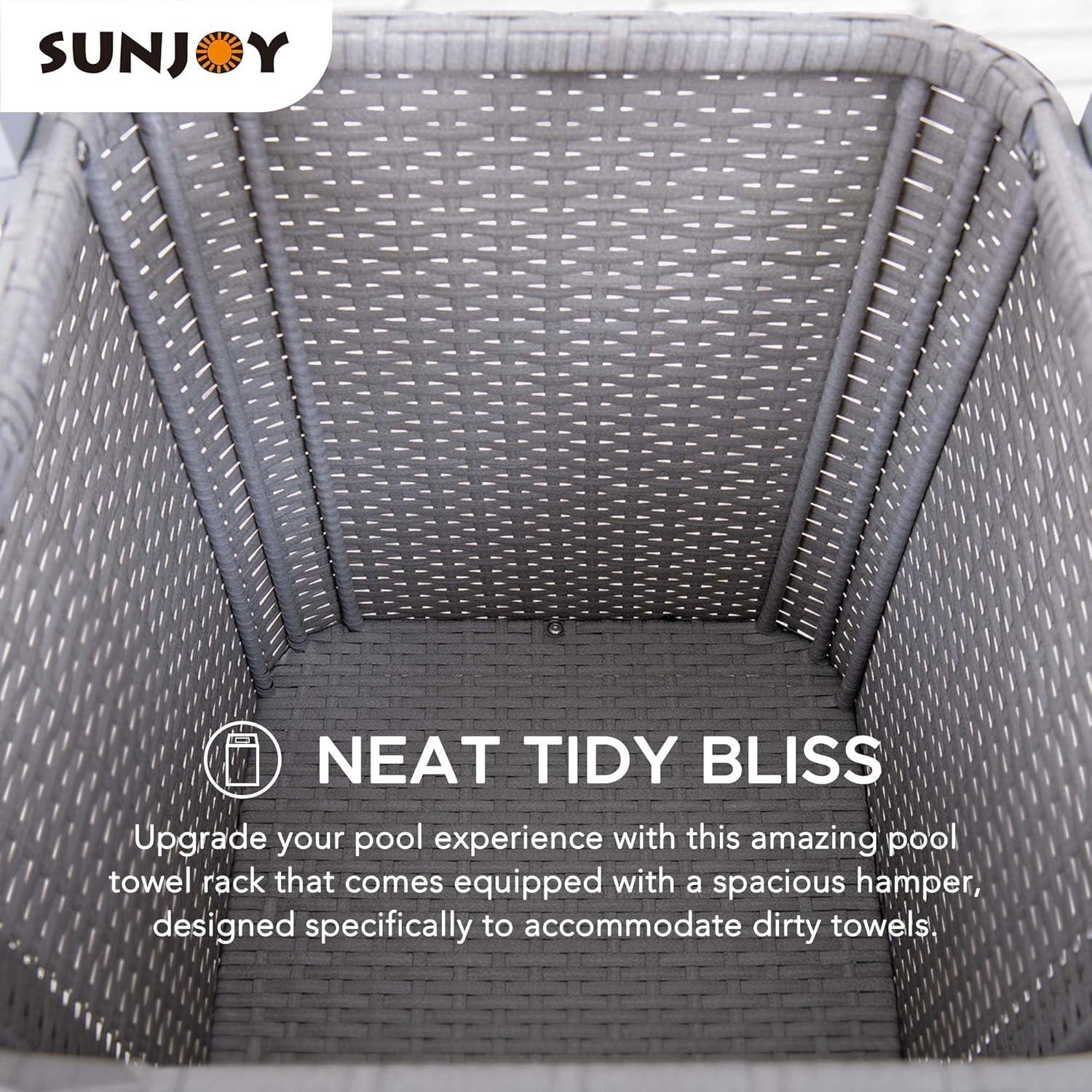 Sunjoy Aluminum Frame Pool Towel Valet Tower with 2-Tier Shelves and A Large All-Weather Wicker Storage Basket for Dirty Towels