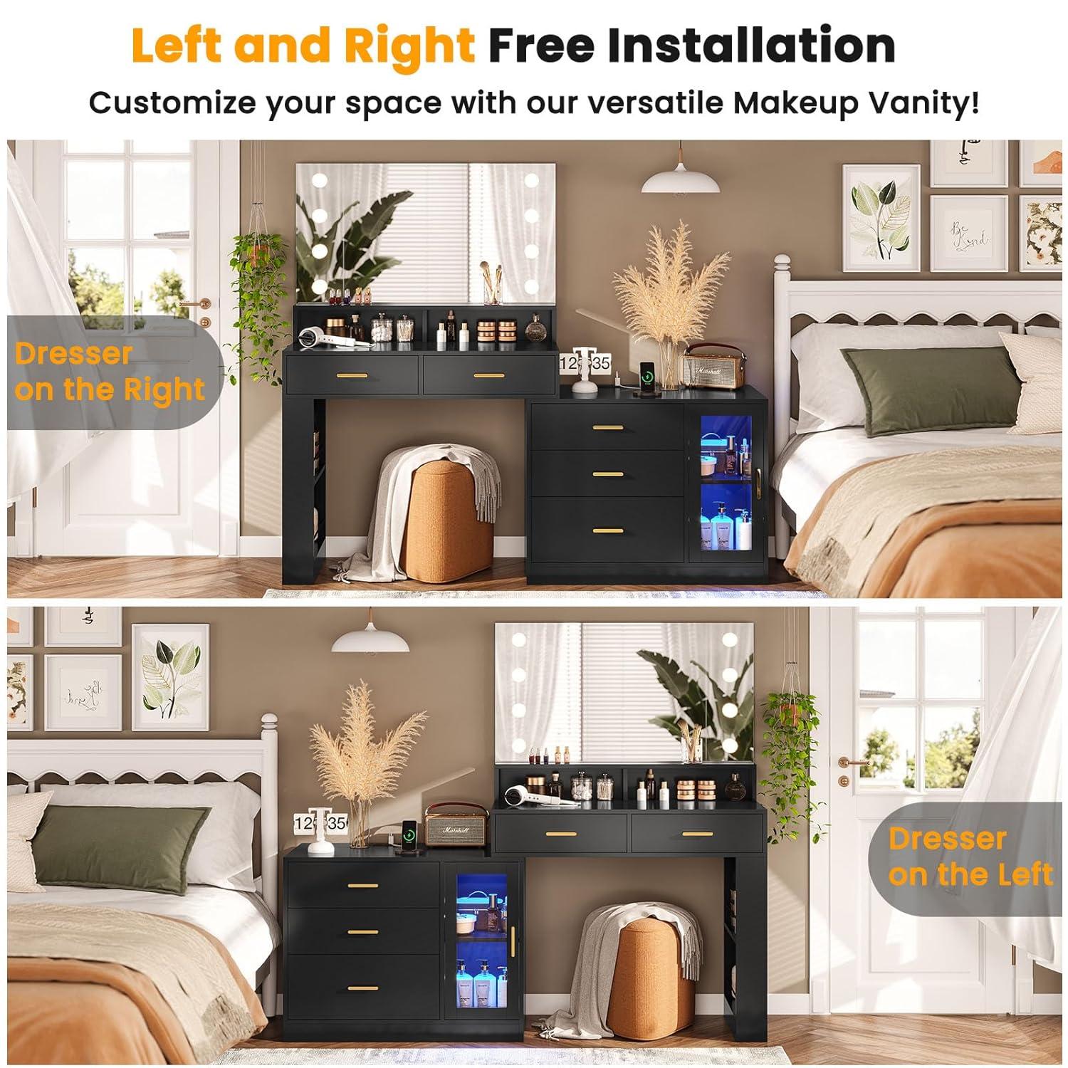 AOGLLATI Makeup Vanity Desk with Mirror and Lights & Charging Station, Black Vanity Table with 3 Drawers LED Dresser, Makeup Desk with 3 Lighting Modes, 5 Drawers and Cabinet Storage