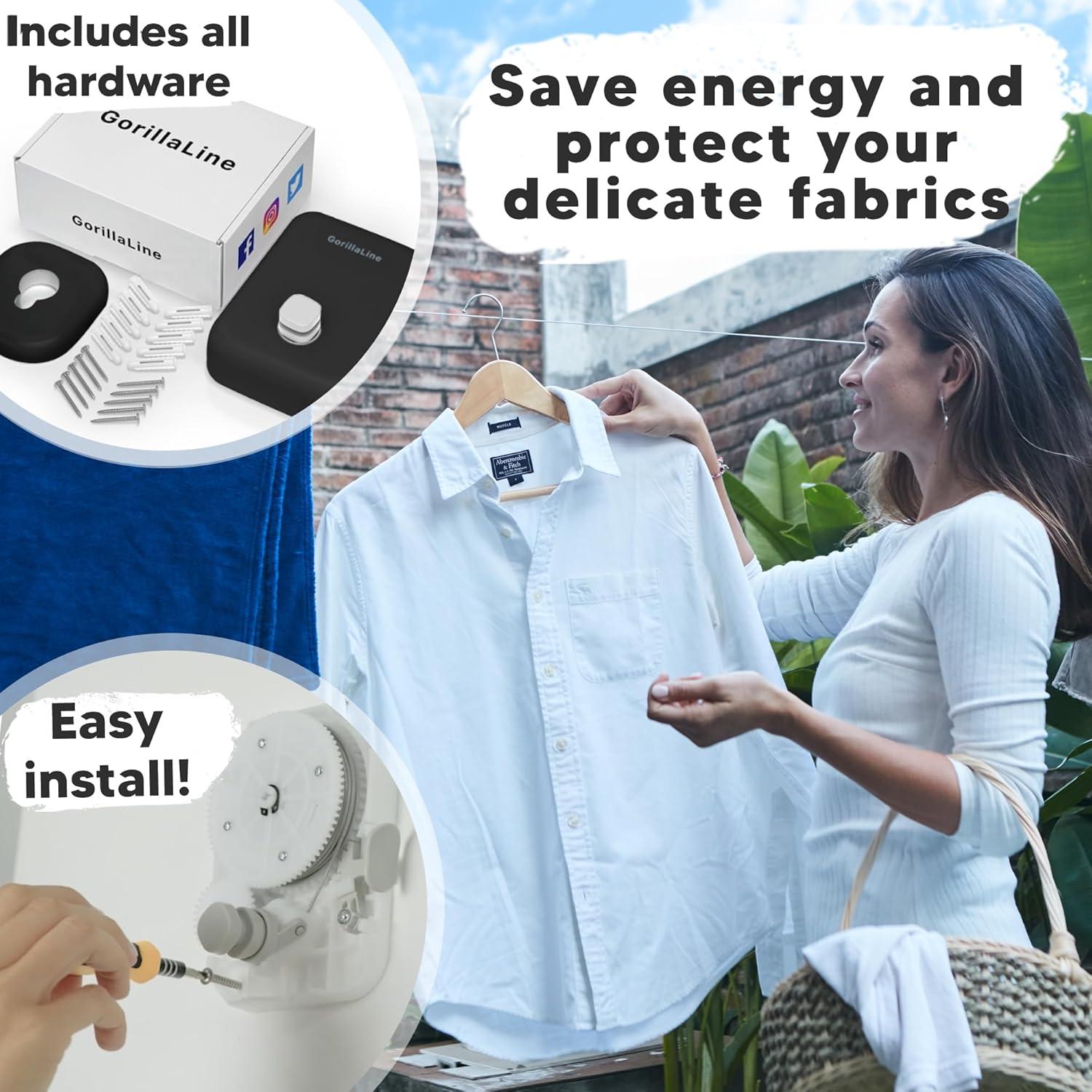 GorillaLine - Retractable Clothesline Indoor Outdoor Clothes Line - Heavy Duty Clothes Drying Laundry Line - Wall Mounted Drying Rack - Air Dry Clothing