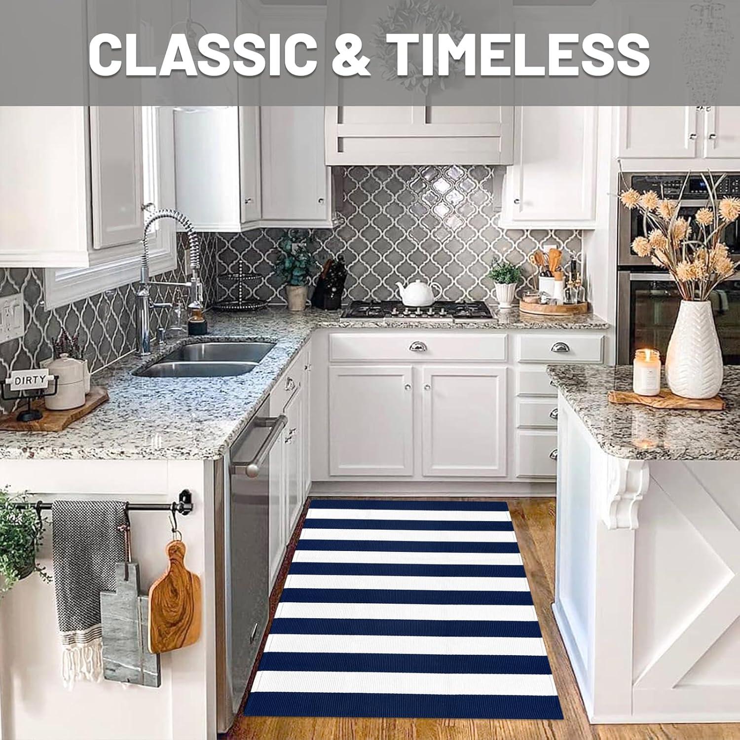 IOHOUZE Navy and White Striped Rug 2'x3' Front Door Rugs, Small Washable Area Rug for Front Porch, Spring Summer Doormats Outdoor Indoor, Cotton Rugs for Entryway Porch Entrance