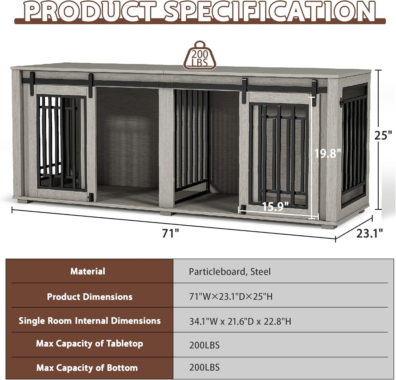Tucker Murphy Pet™ Large Dog Crate Furniture for 2 Dogs, 71.6'' Steel Frame Dog Crate with Double Doors, Heavy Sturdy Dog Kennel