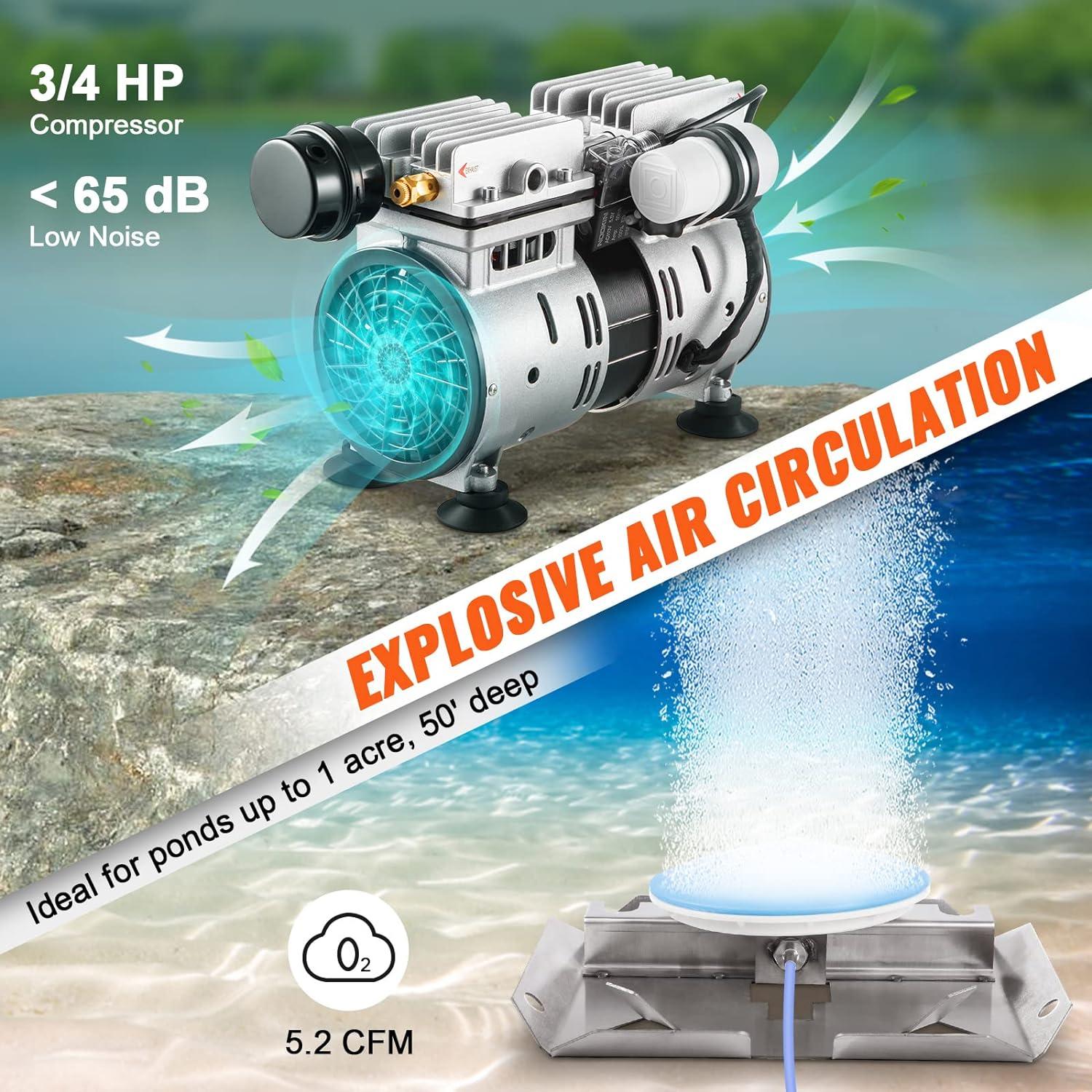 VEVOR 3/4 HP Silver Metal Pond Aerator Kit with Blue Tubing
