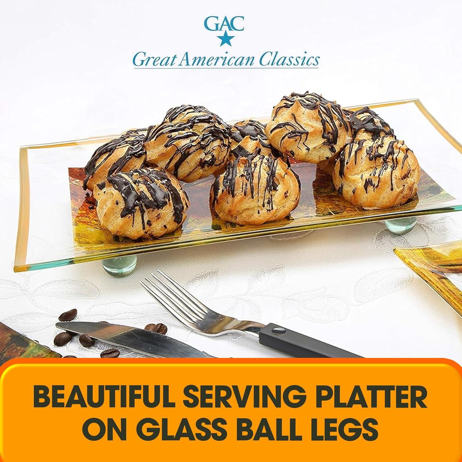 GAC Unique Landscape Design Rectangular Tempered Glass Serving Tray on Glass Ball Legs – 10x14 Inch – Break Resistant – Oven, Microwave, and Dishwasher Safe–Attractive Yellow Colored Serving Platter